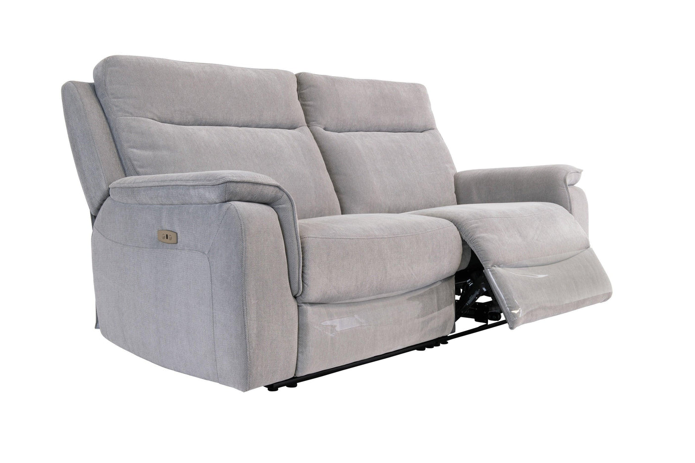 Silver grey fabric reclining sofa with extended footrest and plush armrests