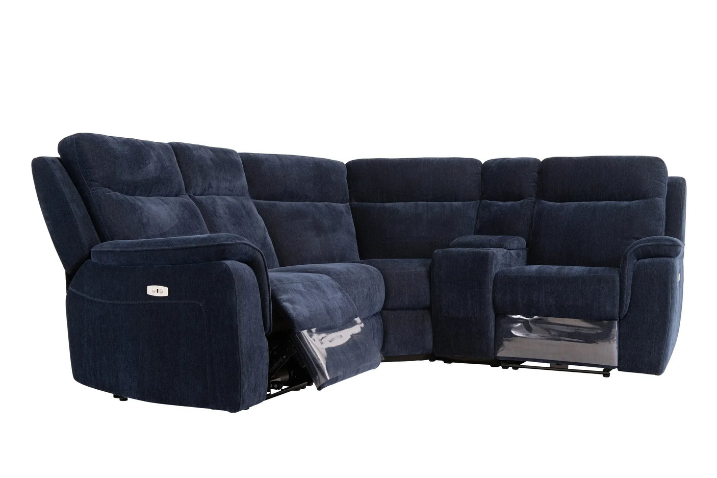 Blue corner sofa with reclining seats and padded armrests, shown from front angle