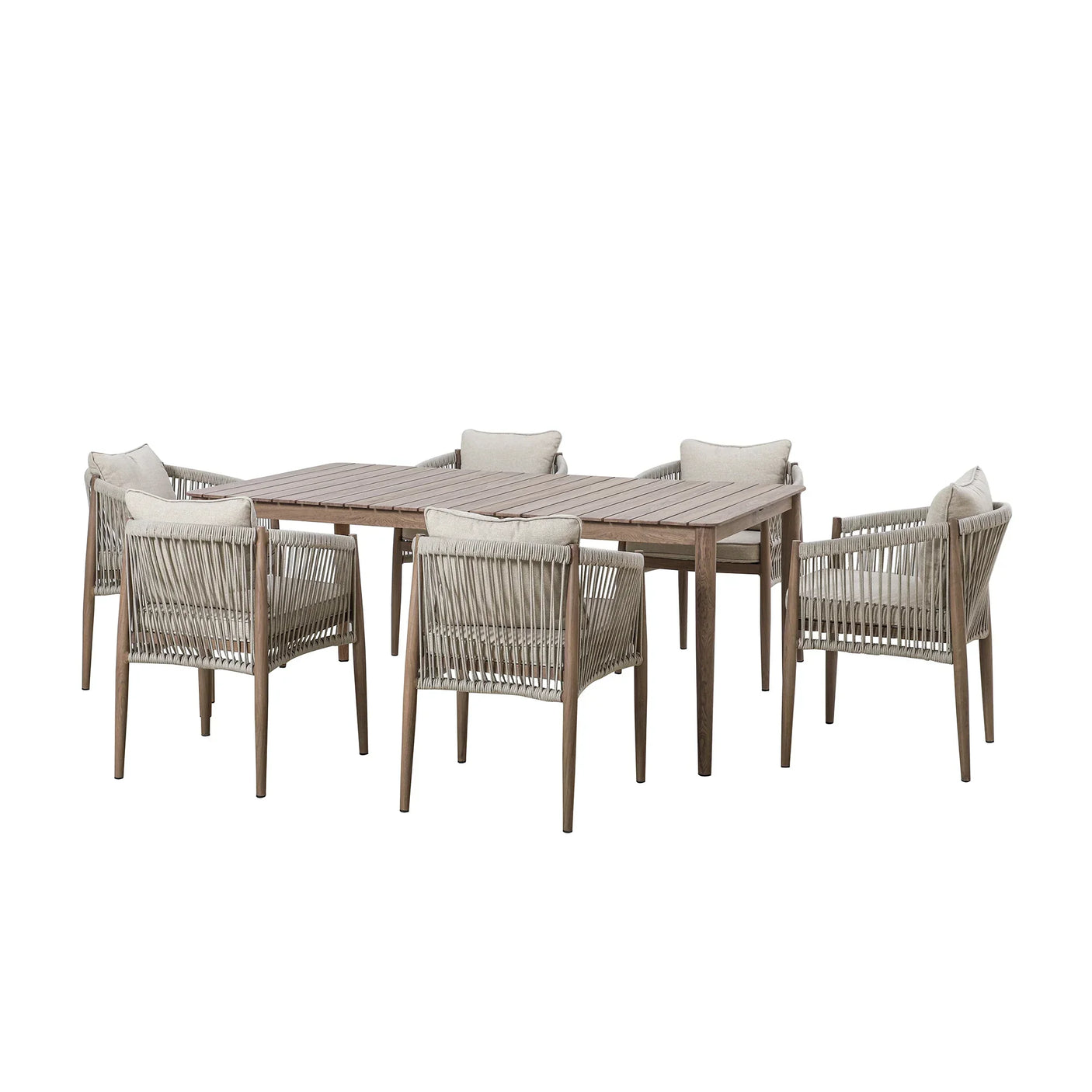 Outdoor dining set with six rope weave chairs and rectangular wooden table