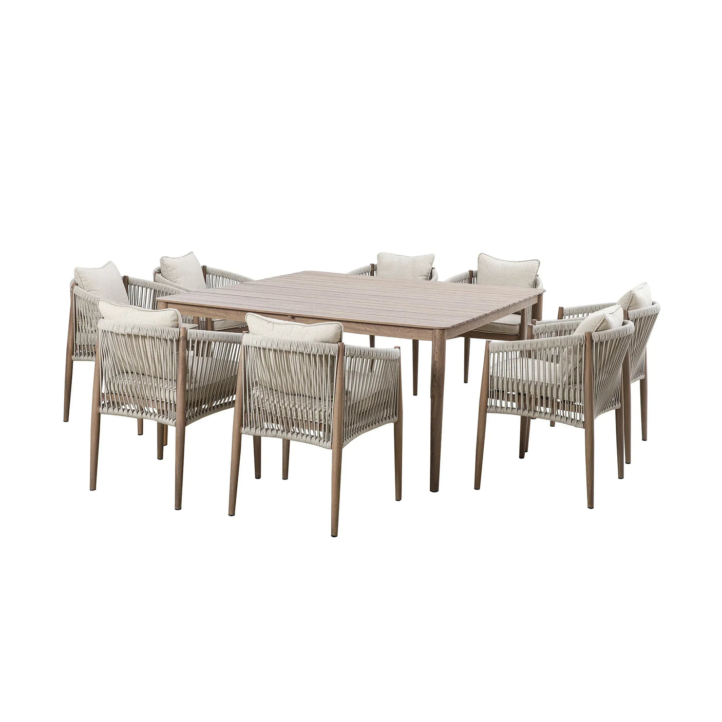 Square wooden dining table set with eight rope-woven chairs and beige cushions