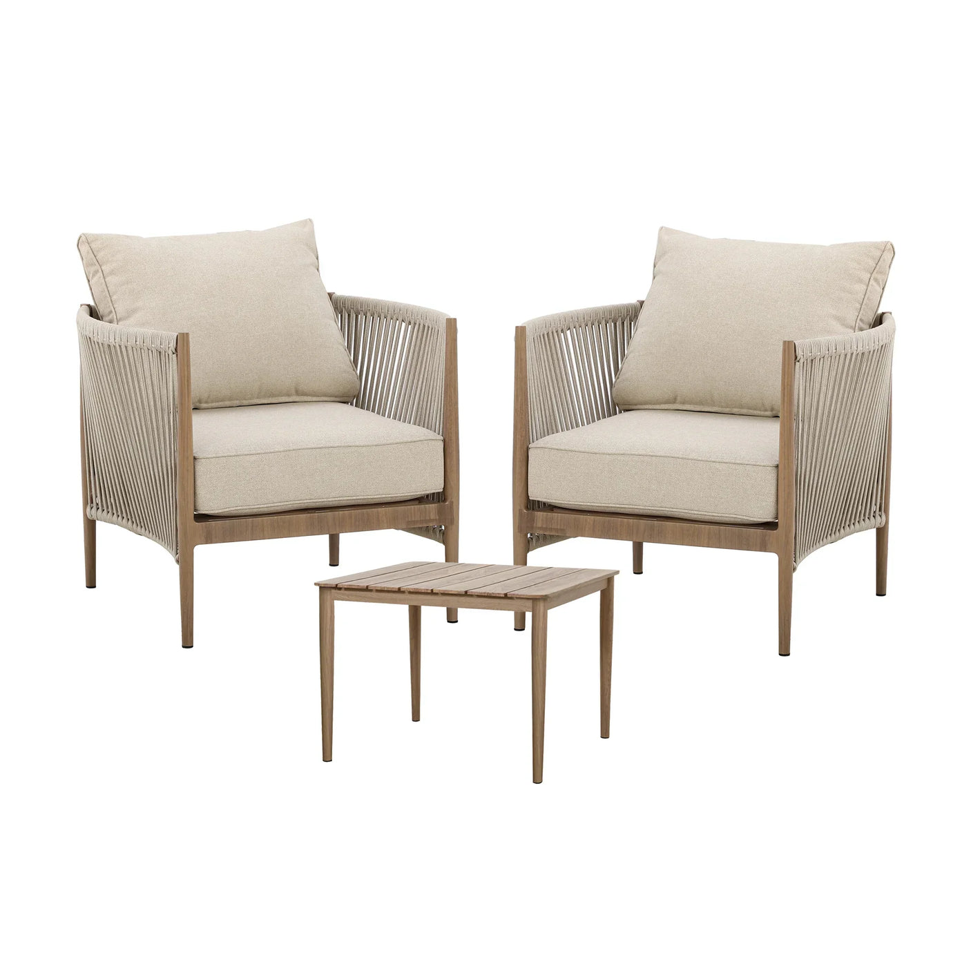 Outdoor furniture set with two beige rope armchairs and a matching rectangular table