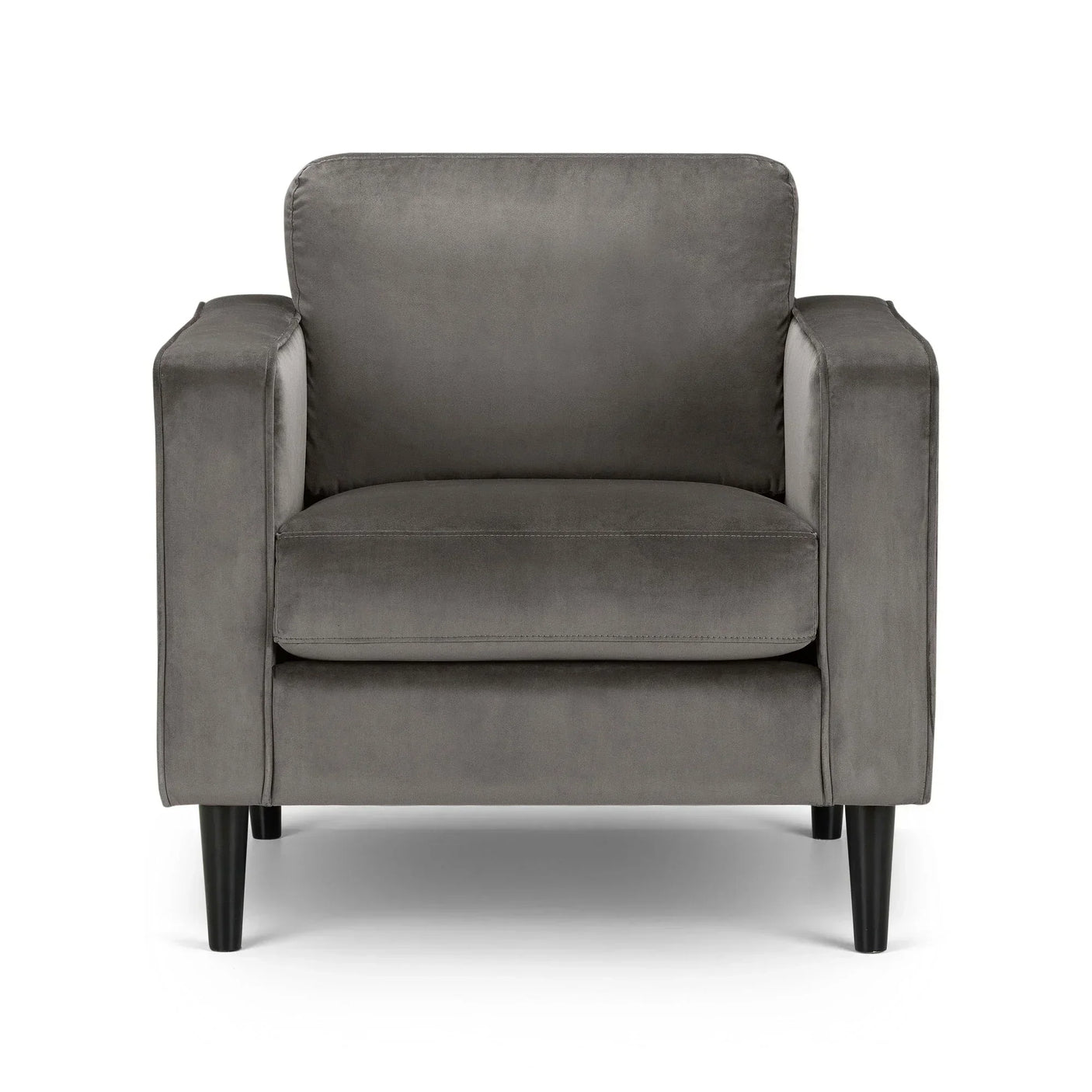 Grey velvet armchair with square arms and black legs, front view