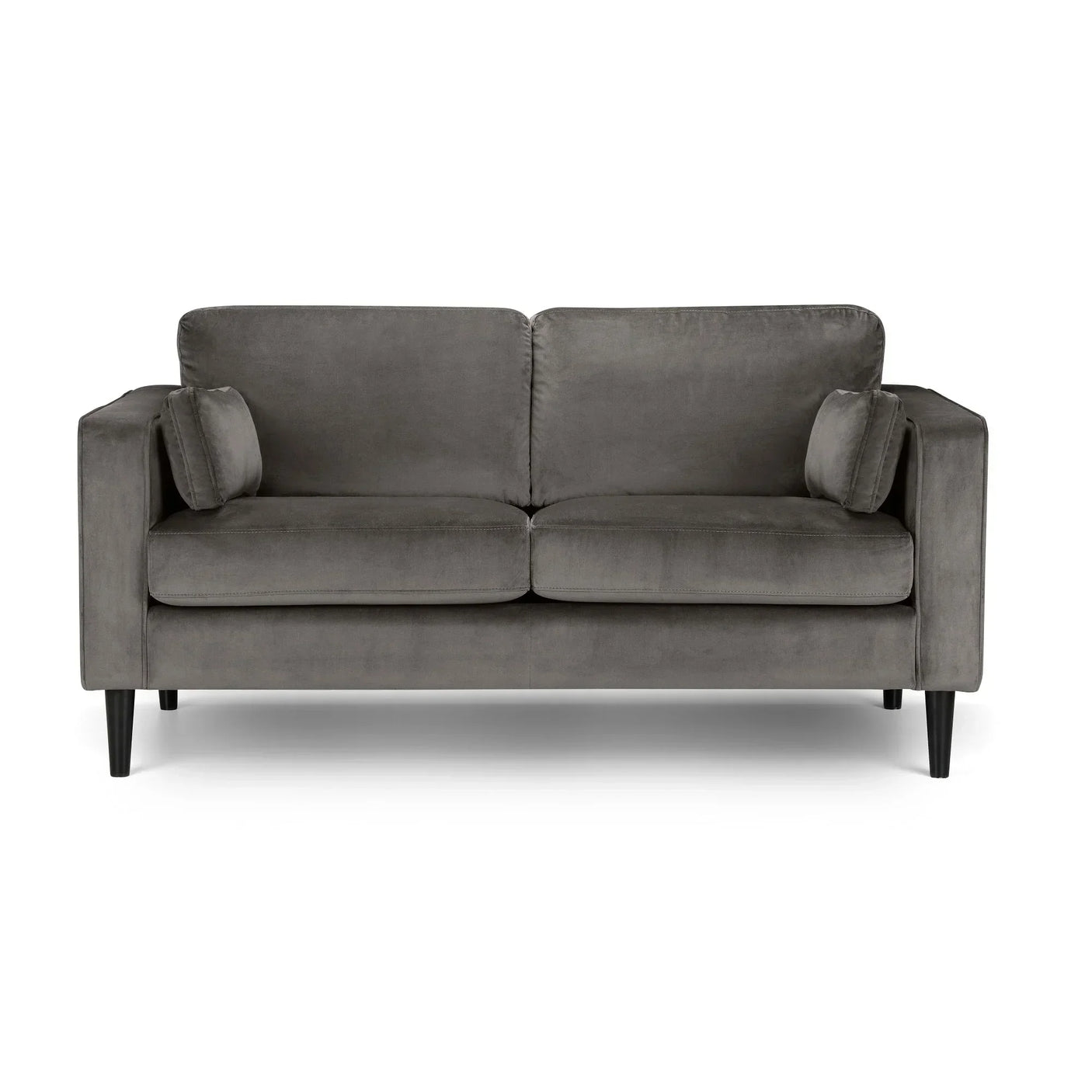 Grey velvet sofa with square arms and black legs, two seat cushions, front view