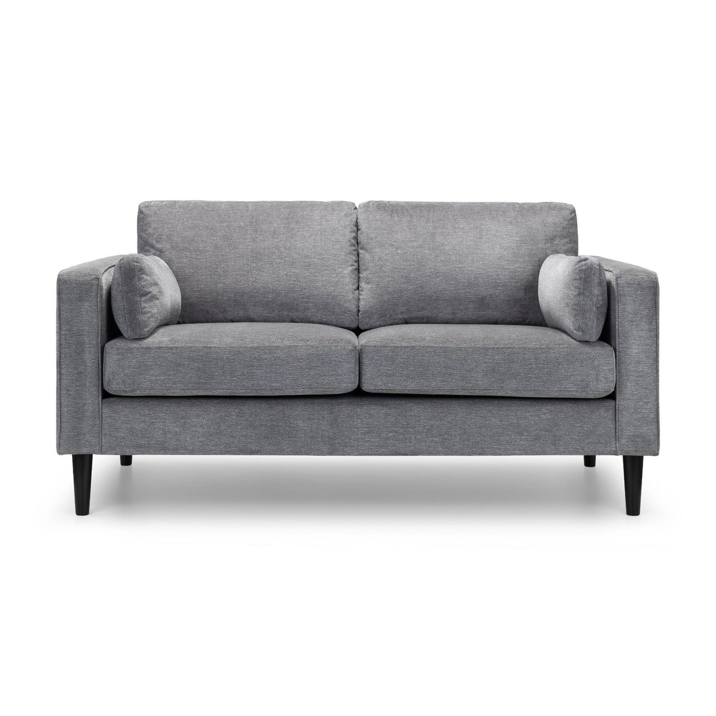 Dark grey chenille 2 seater sofa with square armrests and black tapered legs