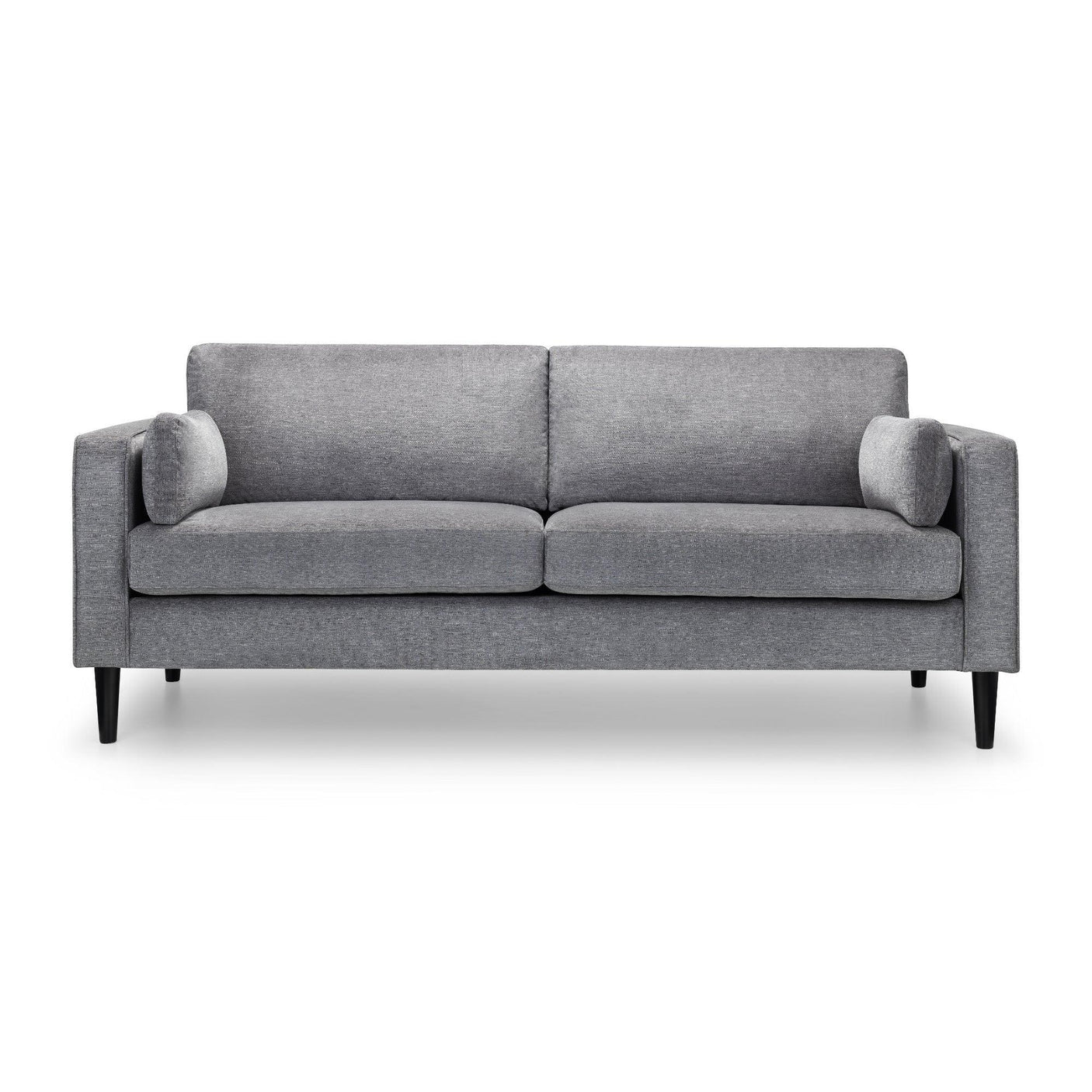 Dark grey chenille 3 seater sofa with straight arms and matching round bolster cushions