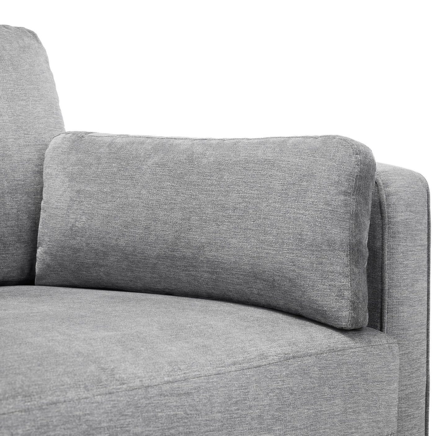 Close-up of dark grey chenille 3 seater sofa arm and backrest cushion detail