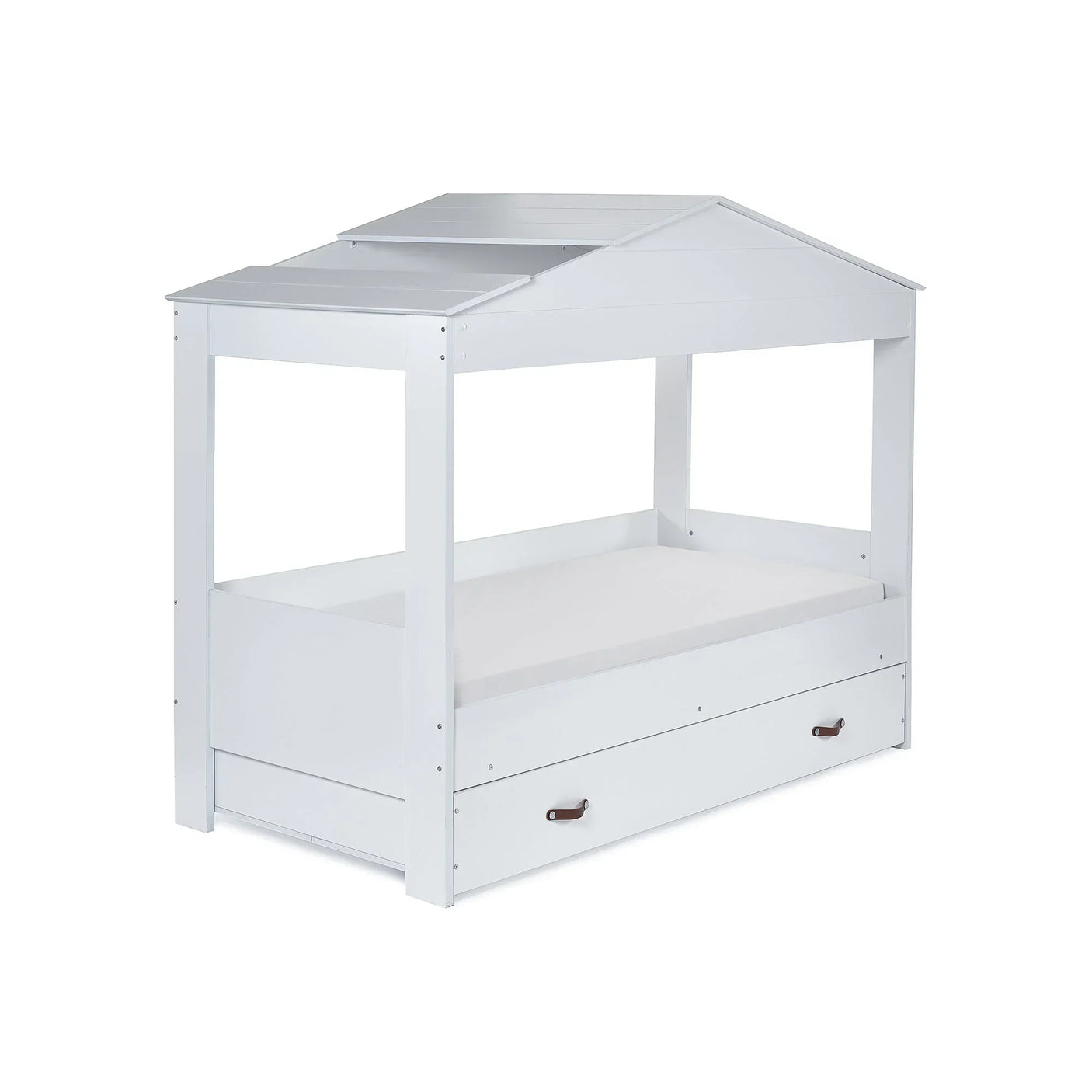 White wooden low sleeper bed with roof frame and pull-out storage drawer