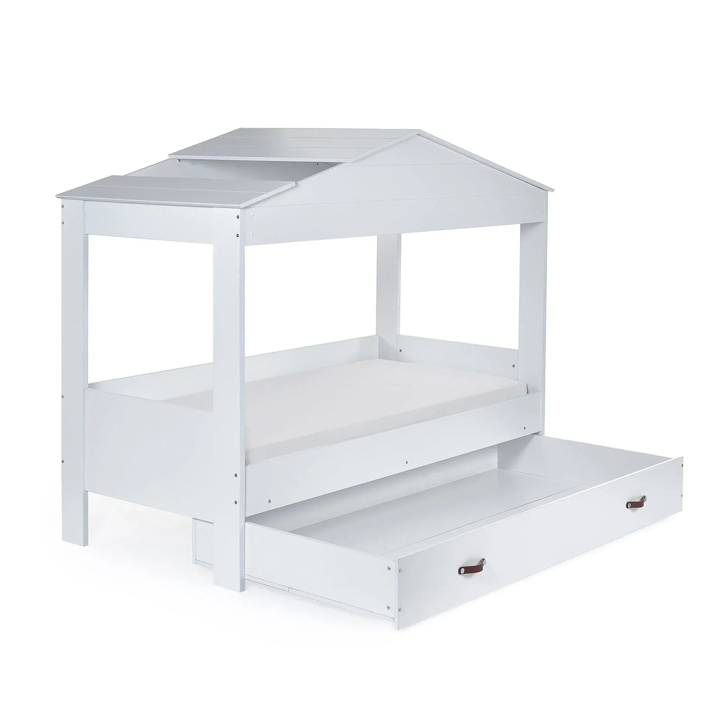 White wooden low sleeper kids bed with house frame and underbed storage drawer