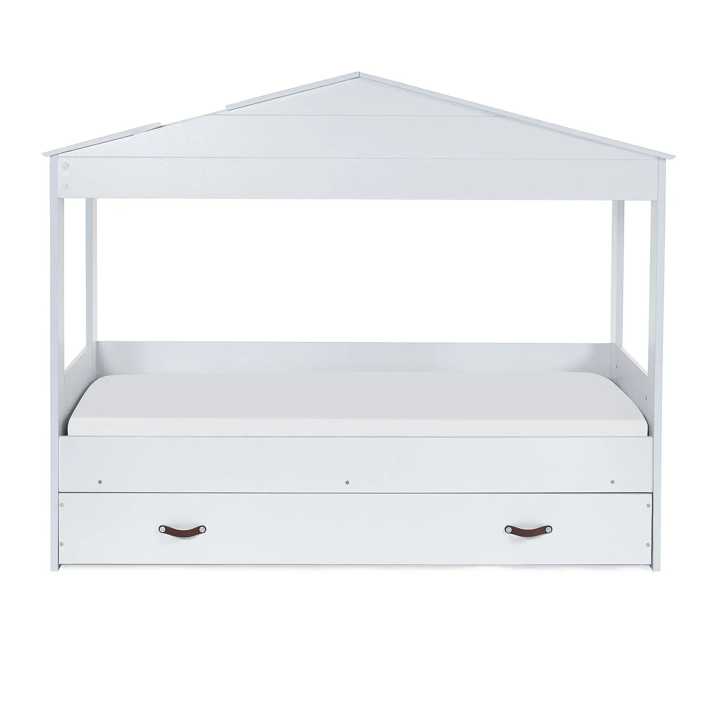 White low sleeper kids bed with house-shaped frame and underbed storage drawer, front view