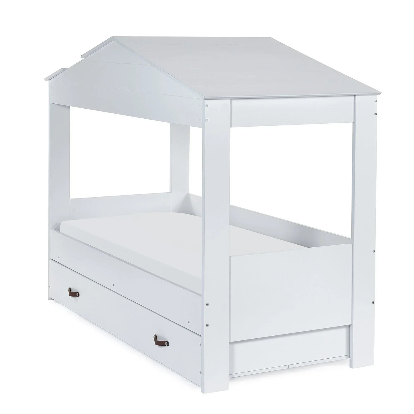 White wooden kids low sleeper bed with house frame and underbed storage drawer
