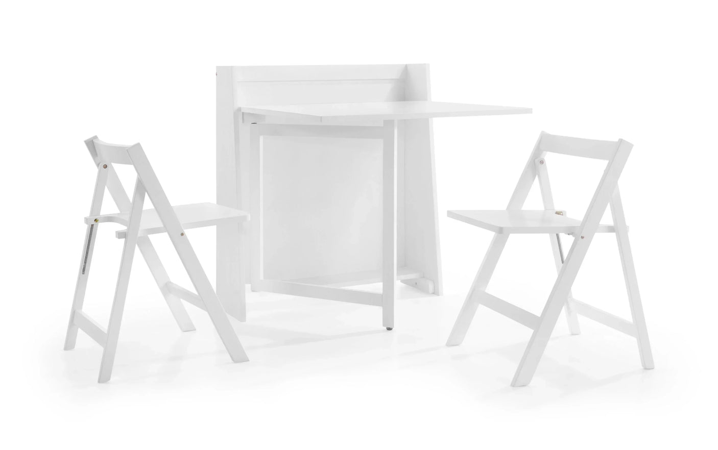 White compact folding dining set with table and two chairs, shown front angle