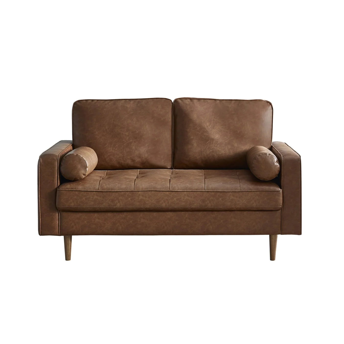 Brown leather sofa with wooden legs and two cylindrical cushions, front view