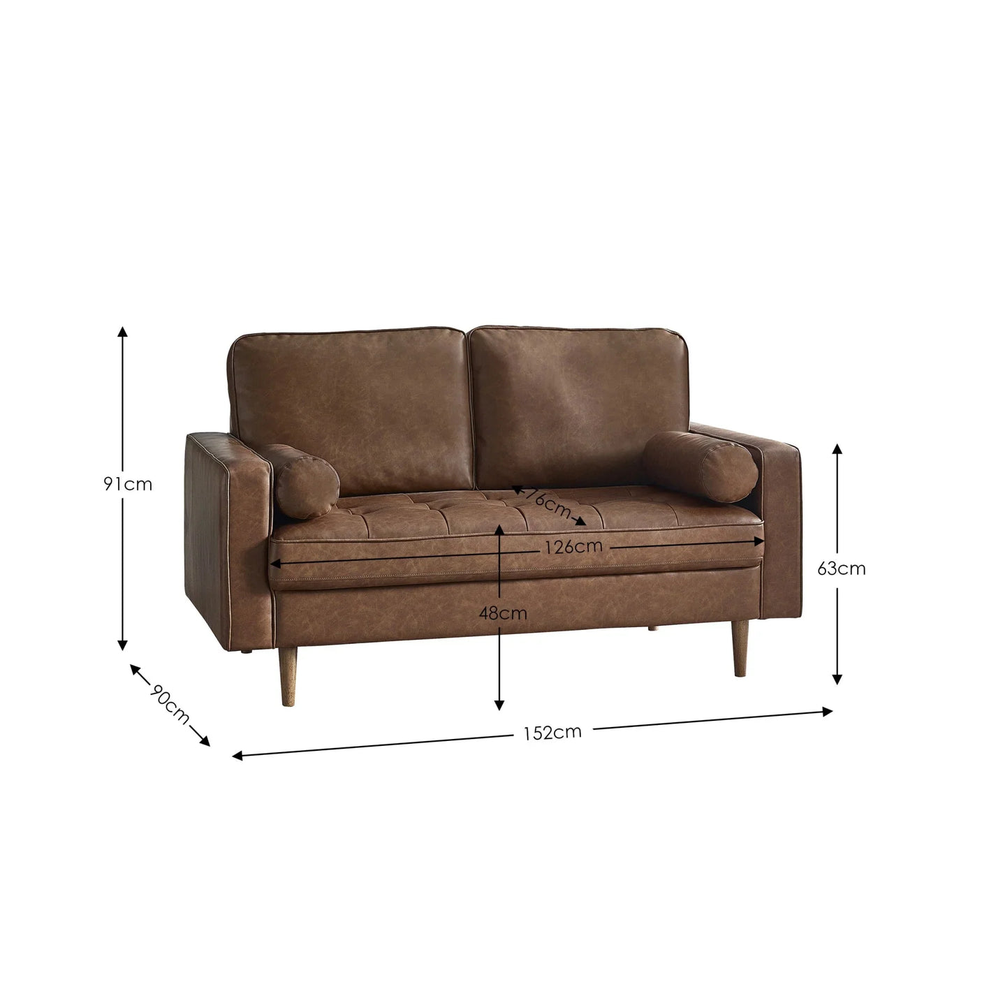 Brown leather sofa with bolster cushions and visible dimensions in centimeters