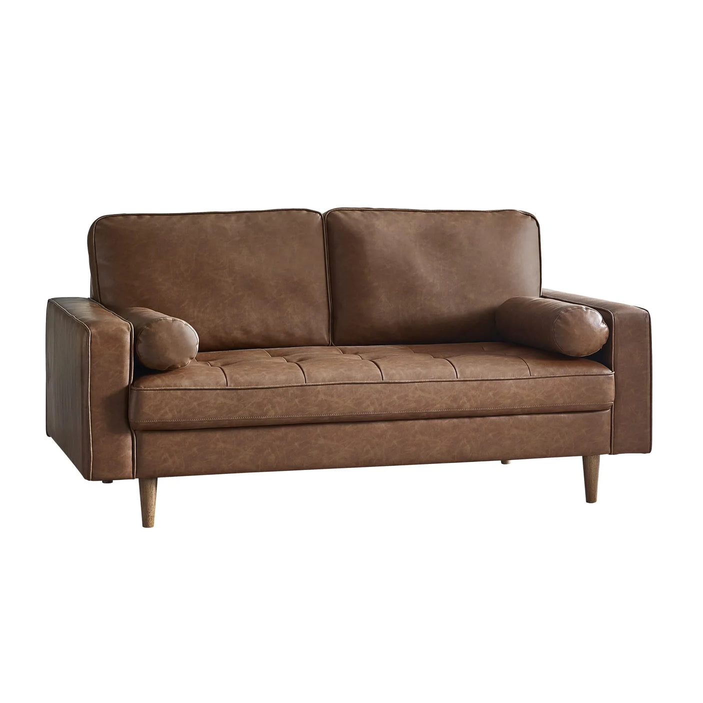 Brown leather sofa with bolster cushions and wooden legs front view