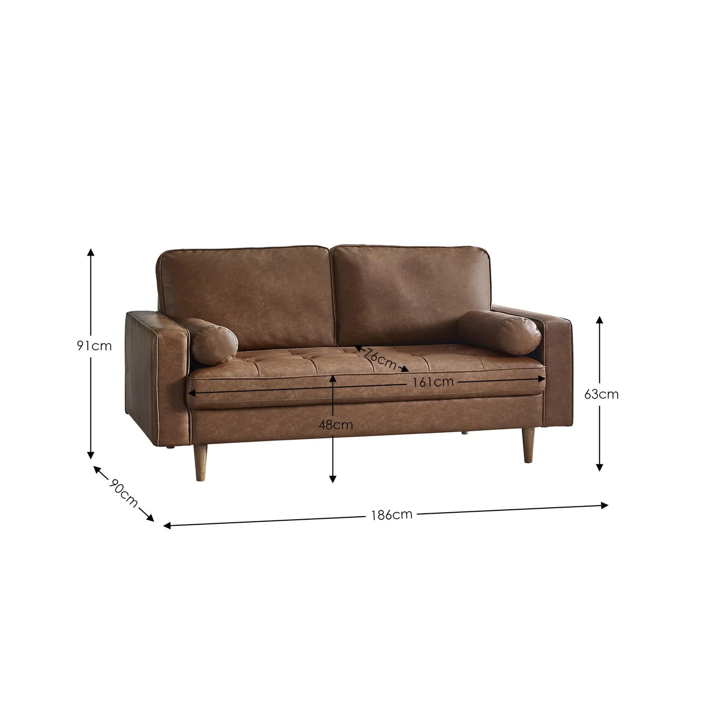 Brown leather sofa with wooden legs and armrests, product dimensions displayed