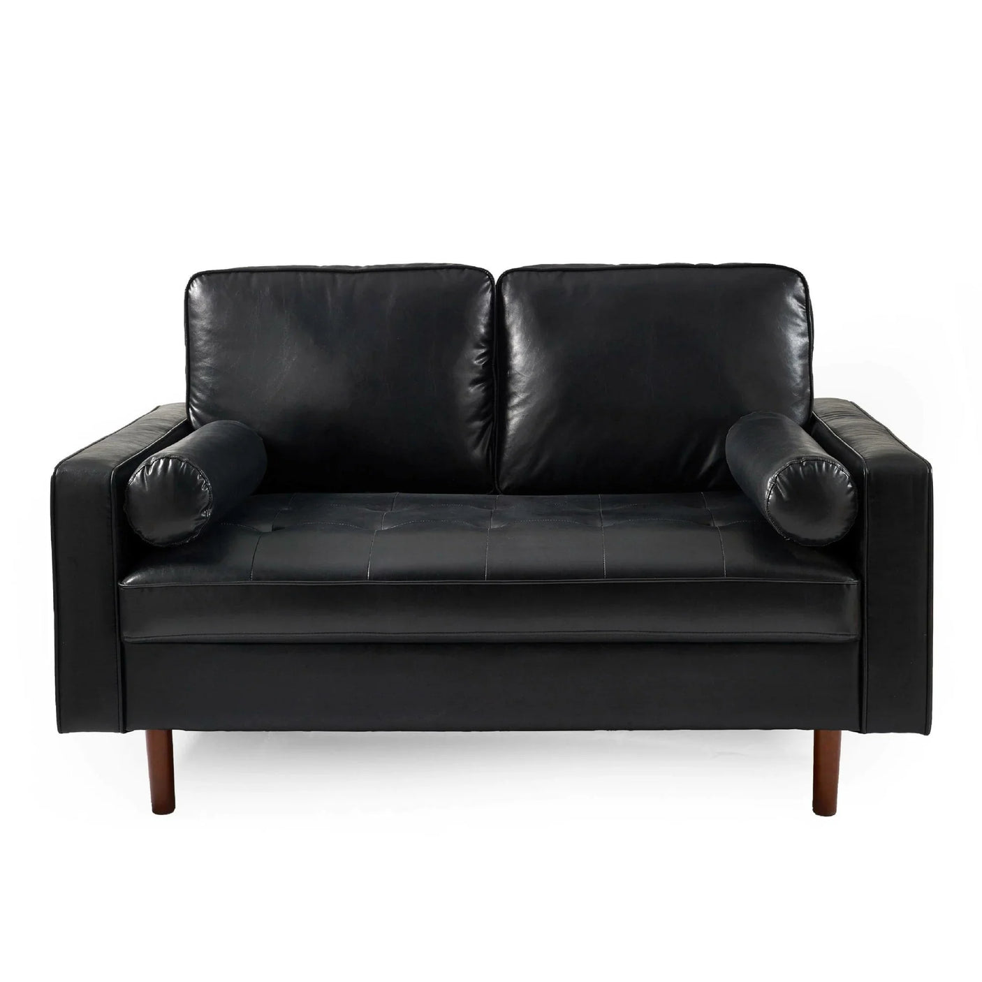 Black leather two seater sofa with cylindrical armrest cushions and wooden legs