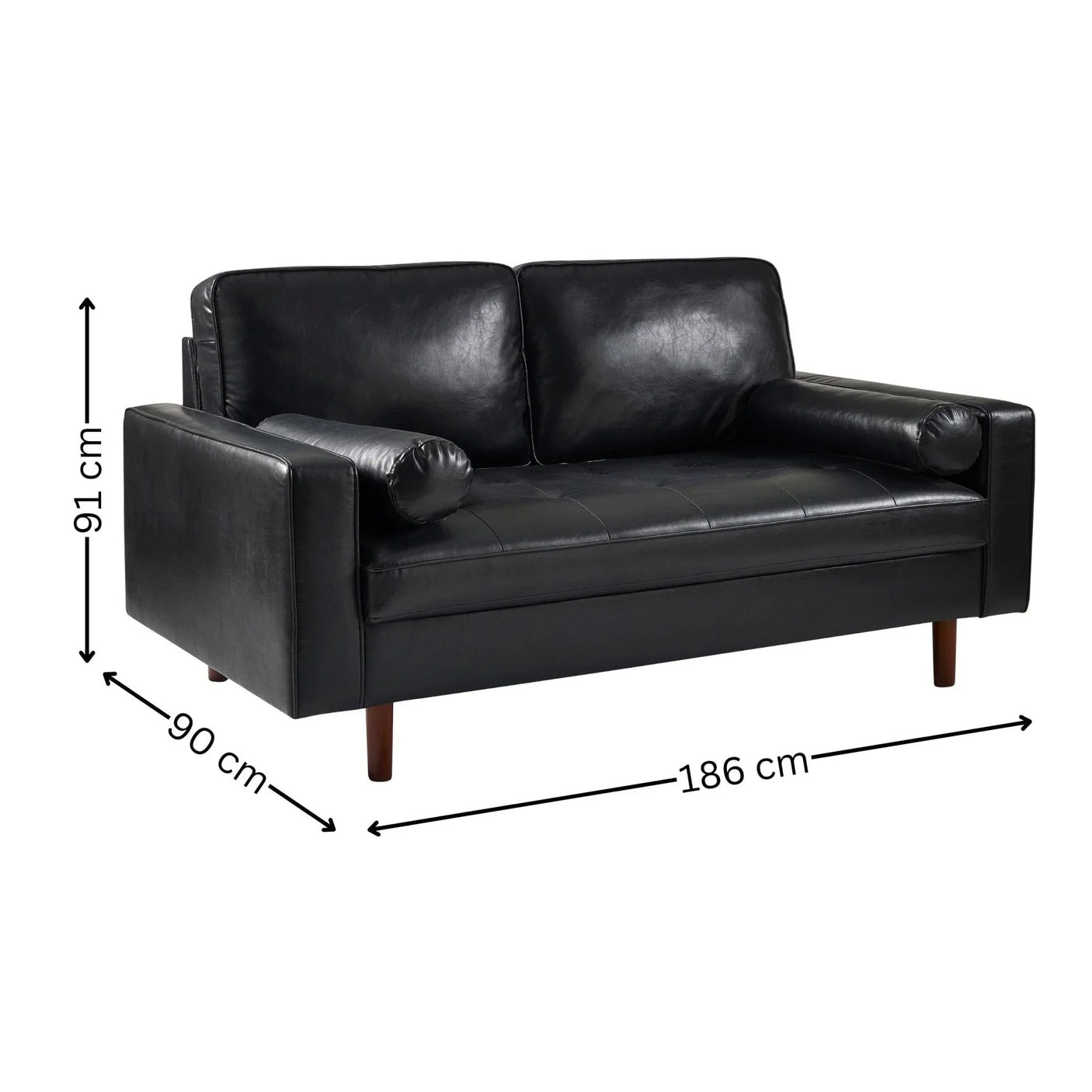 Black leather sofa with wooden legs, two back cushions, arm bolsters, and measurements shown