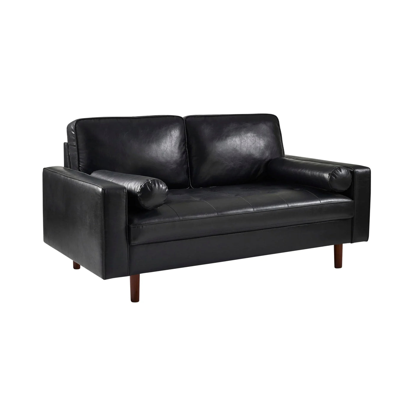 Black leather sofa with square arms and round bolster cushions on wooden legs