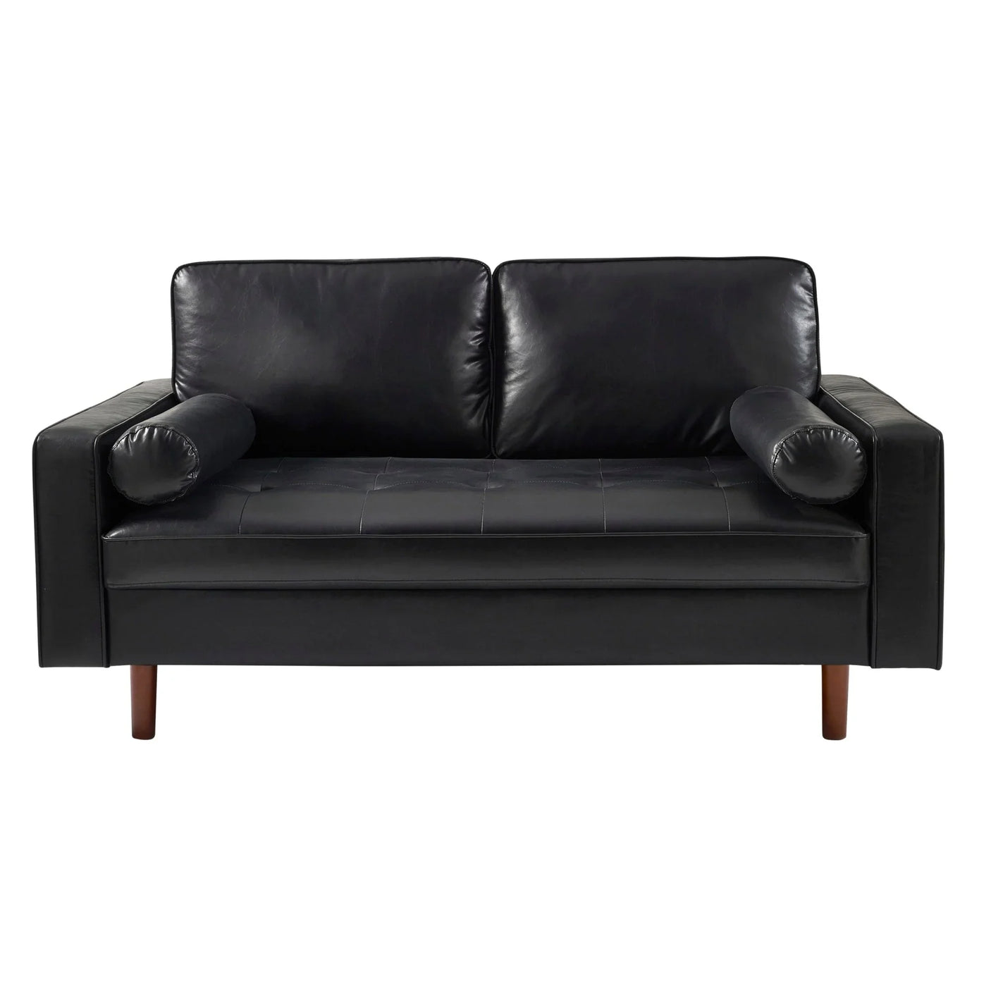 Black leather sofa with cylindrical armrest cushions and wooden legs, front view