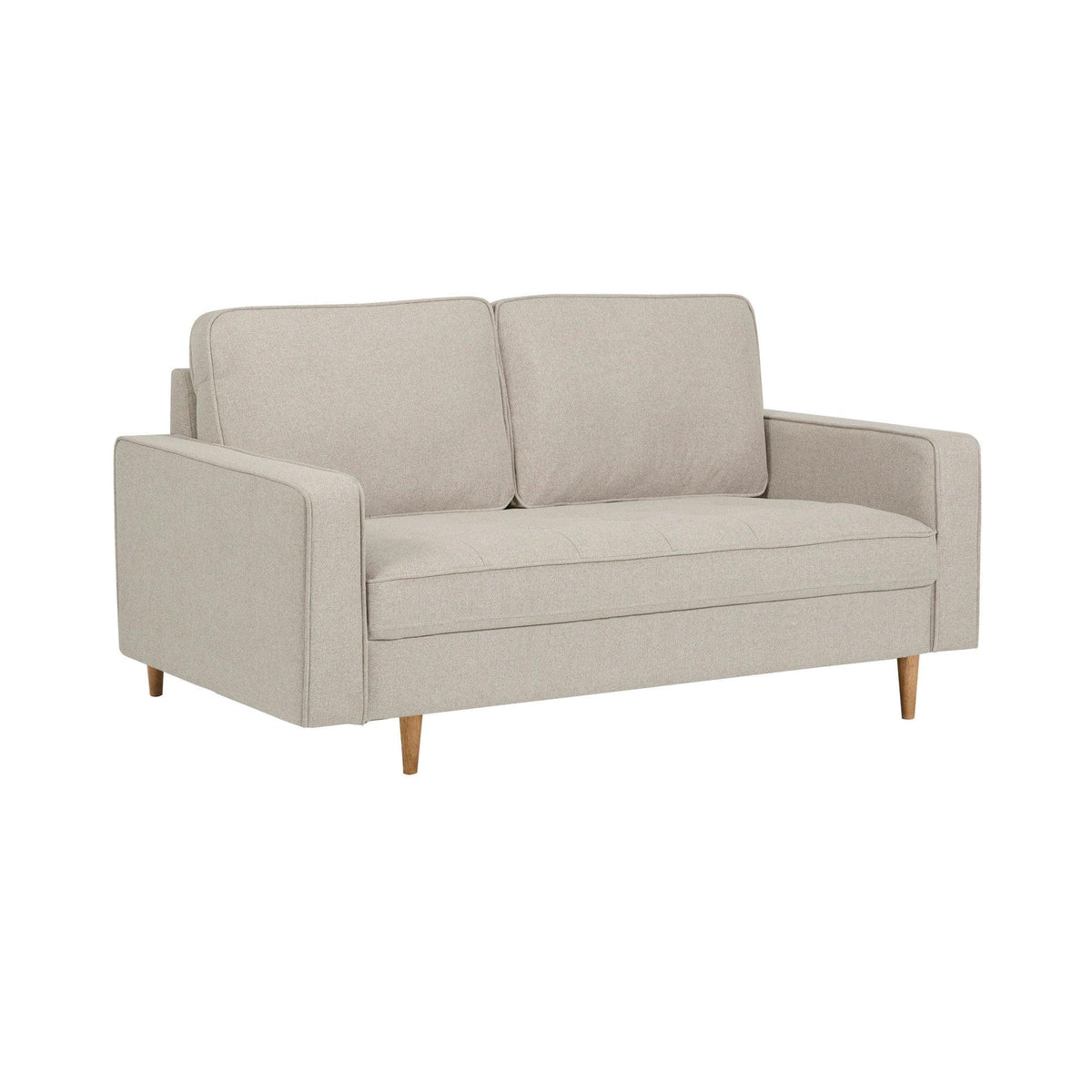 Beige fabric sofa with wooden legs and square arms, front angle view