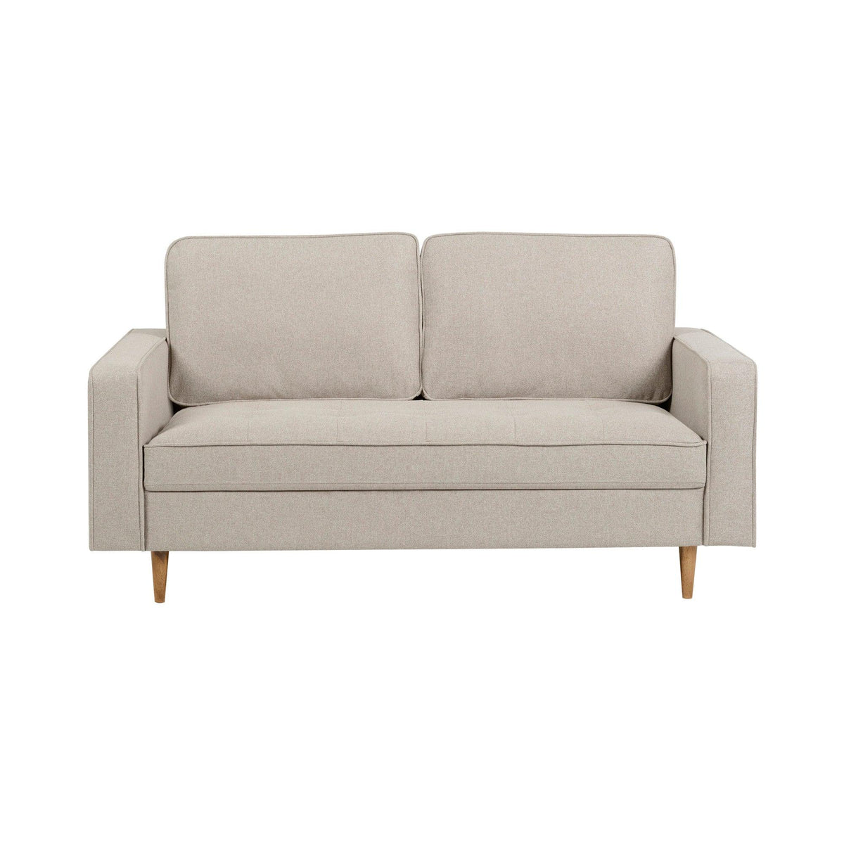 Beige fabric sofa with wooden legs and square armrests, front view