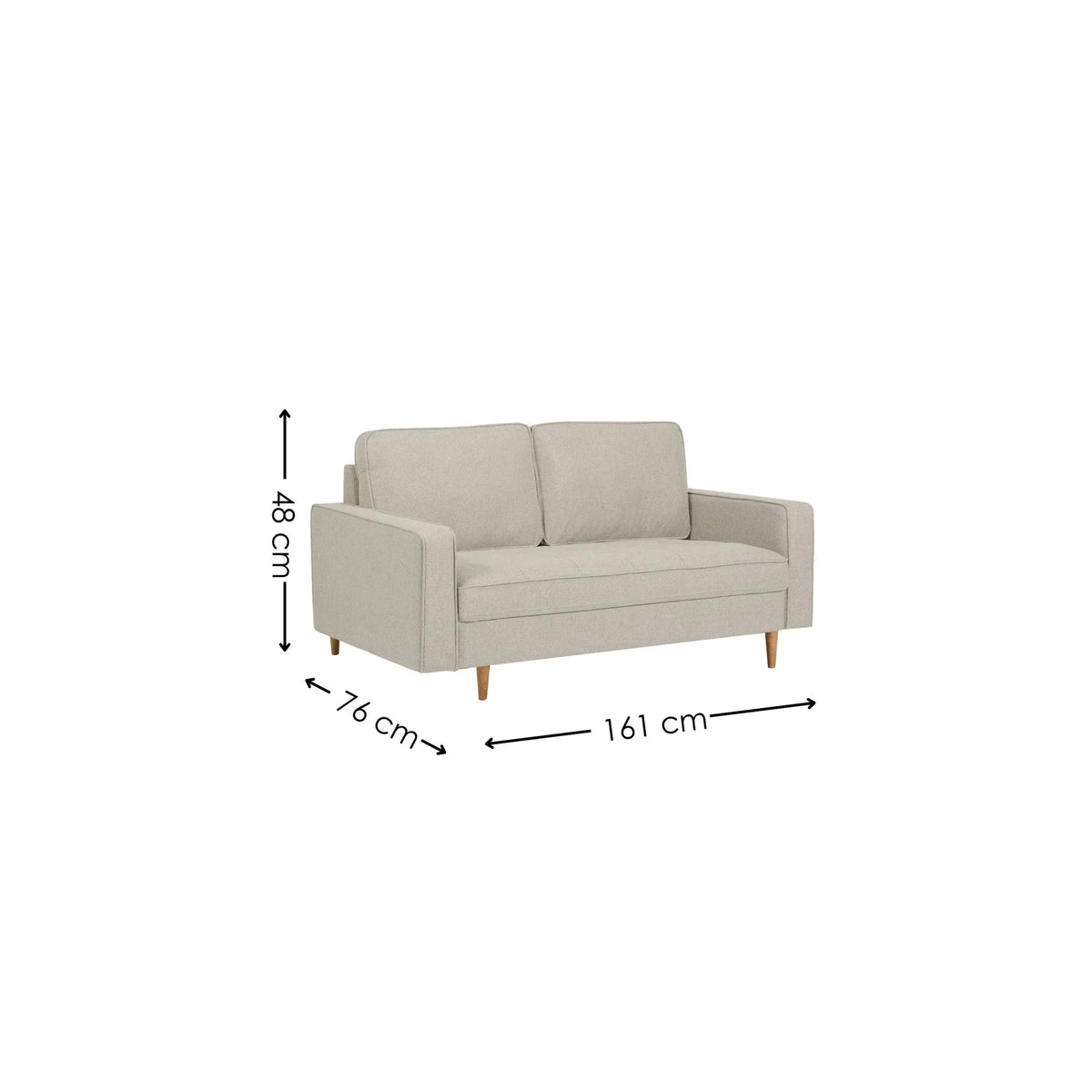Beige fabric sofa with wooden legs, side and front dimensions labeled 161 cm by 76 cm by 48 cm