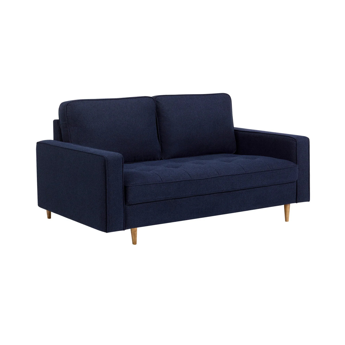 Navy blue fabric sofa with square arms and wooden legs on white background