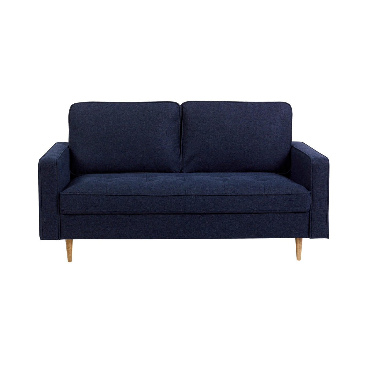 Dark blue fabric sofa with wooden legs, straight arms and two seat cushions, front view