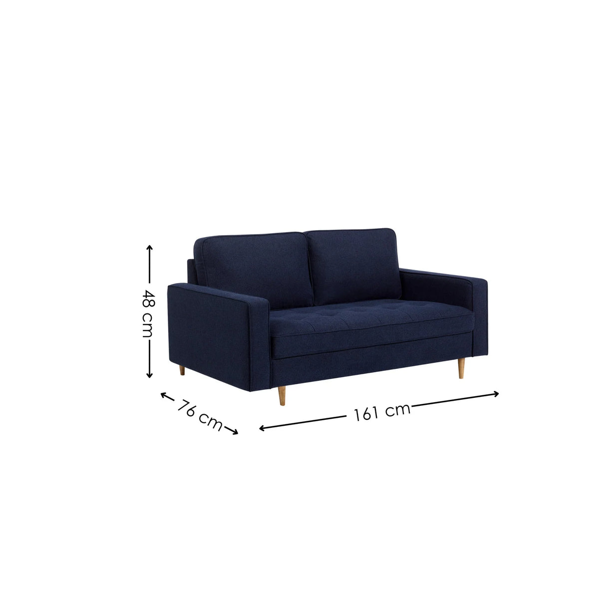 Navy fabric two seater sofa with wooden legs, shown with dimensions for height, width and depth