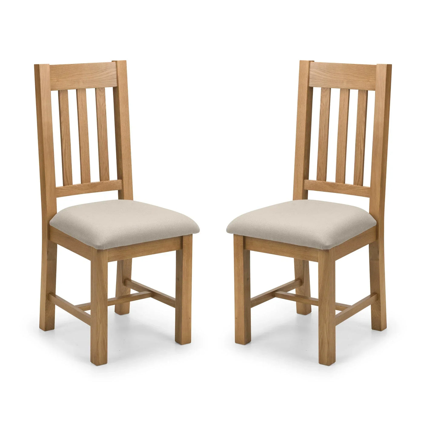 Pair of wooden dining chairs with vertical slat backs and light upholstered seats