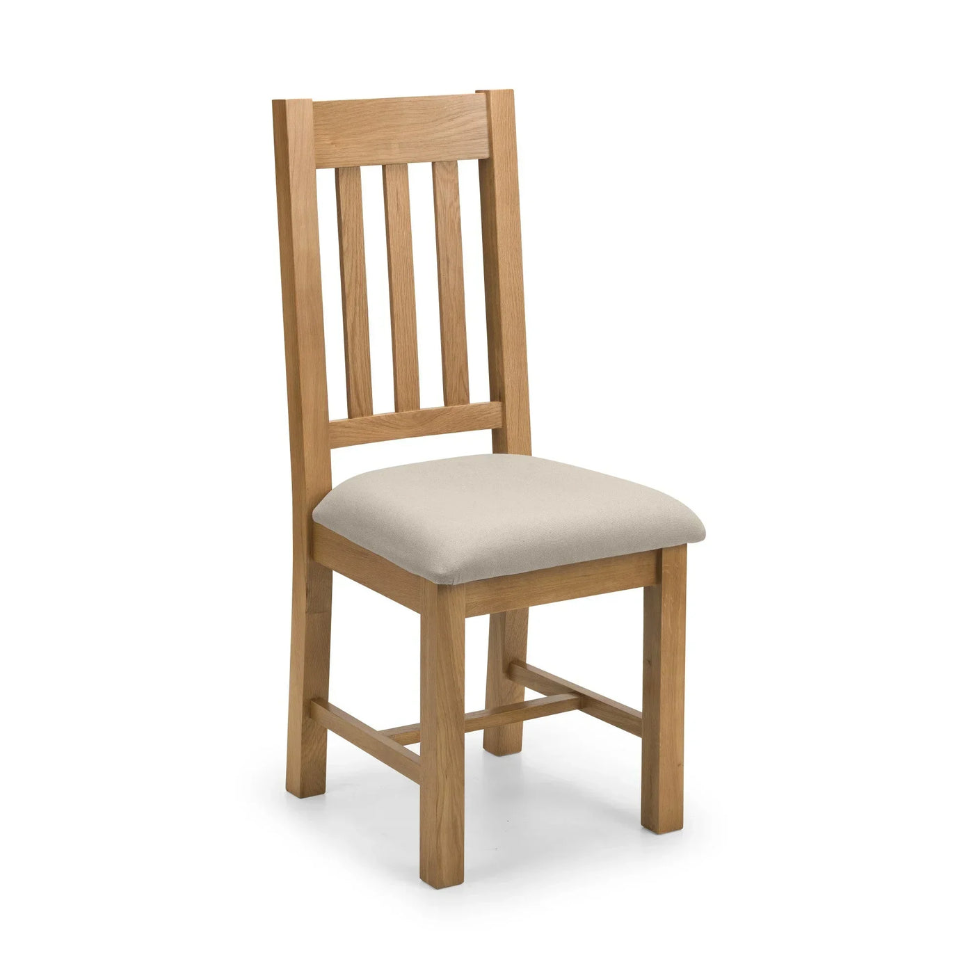 Oak dining chair with slatted back and cream upholstered seat on white background