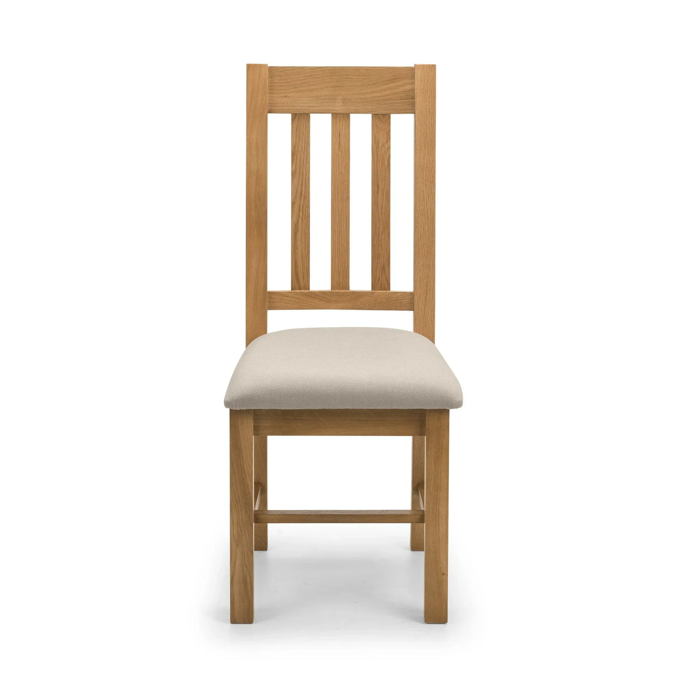 Oak dining chair with slatted back and upholstered beige seat, front view