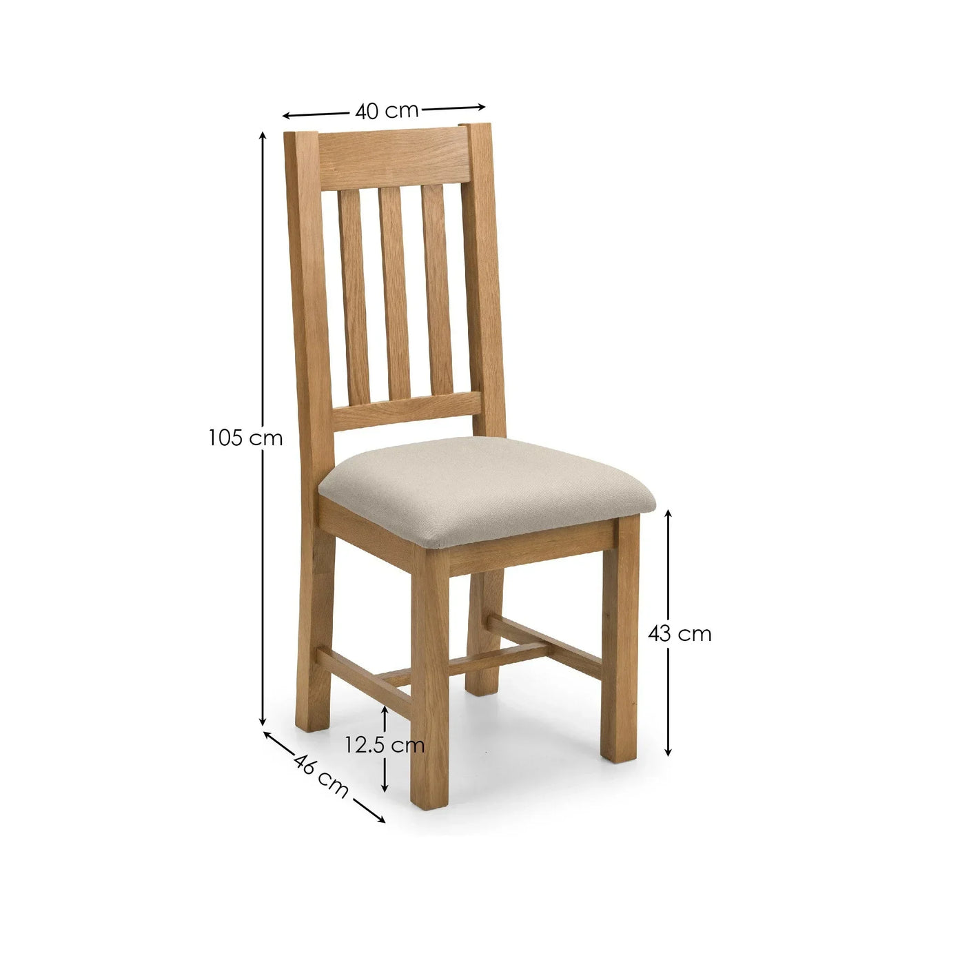 Oak dining chair with beige cushioned seat, vertical slatted back and size dimensions shown
