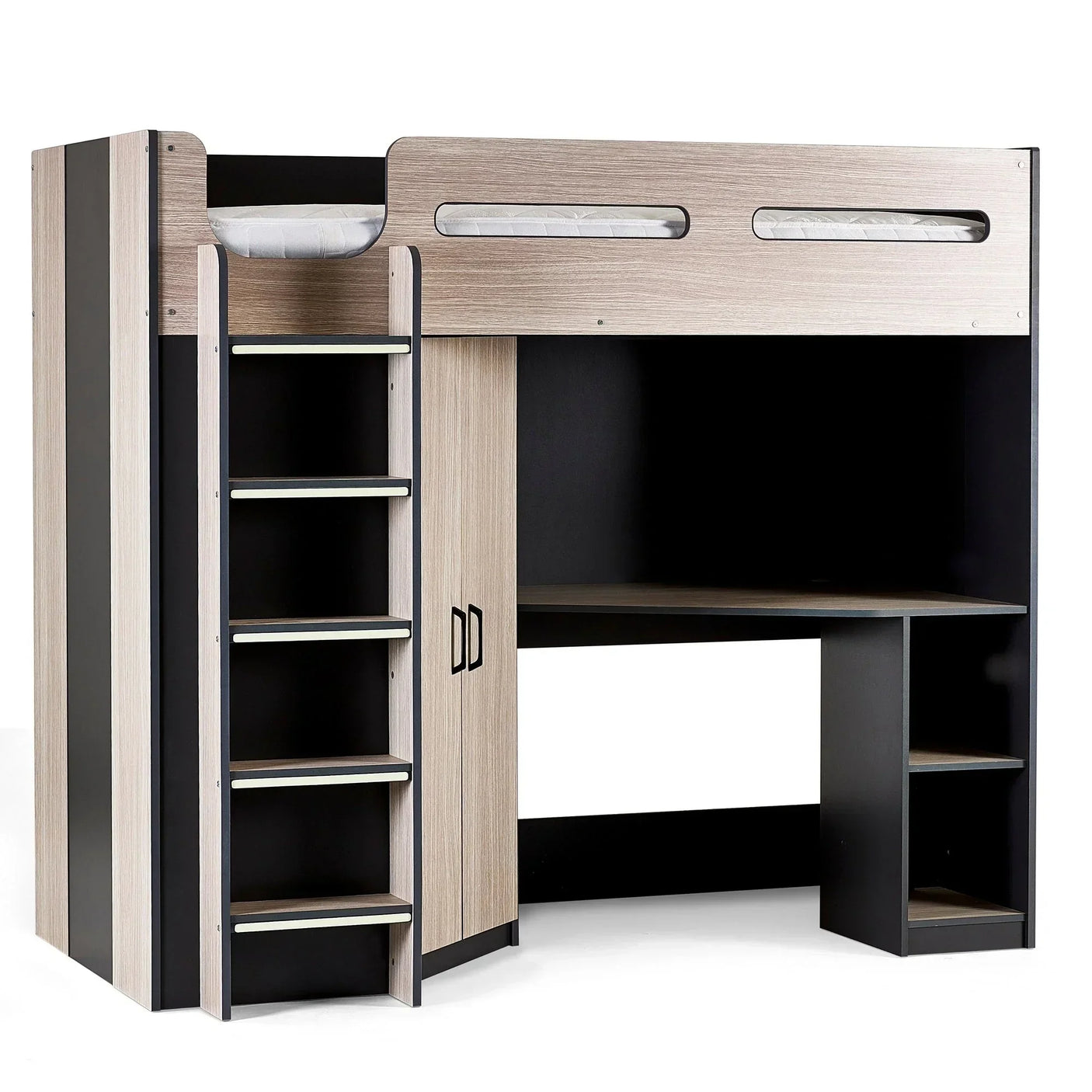 Woodgrain and anthracite highsleeper bed with ladder, built-in desk and storage shelves
