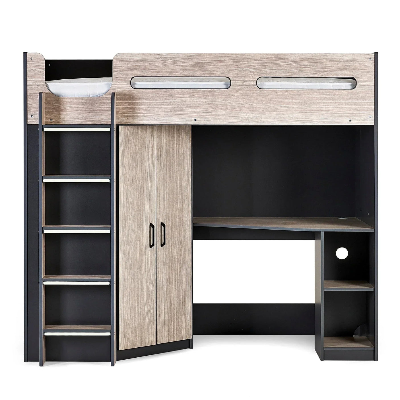 Woodgrain highsleeper bed with integrated ladder, wardrobe, desk and shelves, anthracite finish