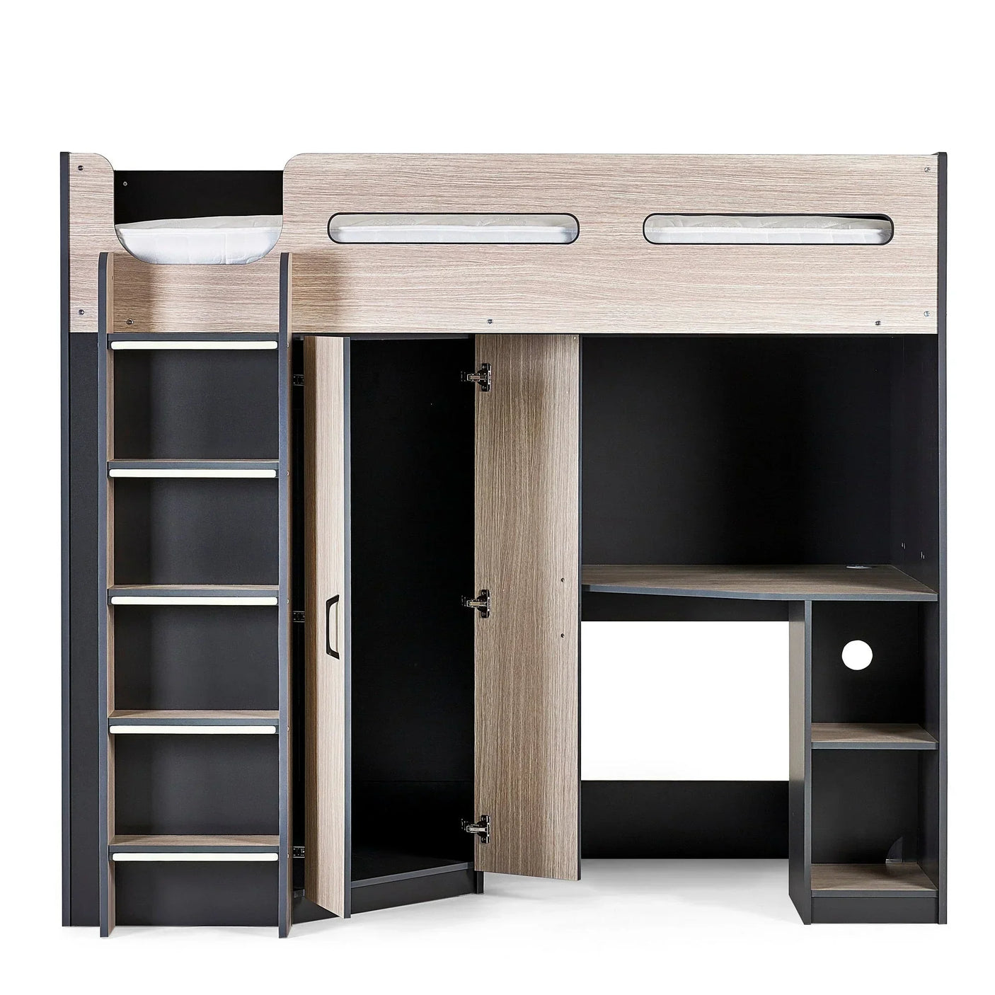 High sleeper bed with woodgrain finish, integrated ladder, wardrobe, and corner desk