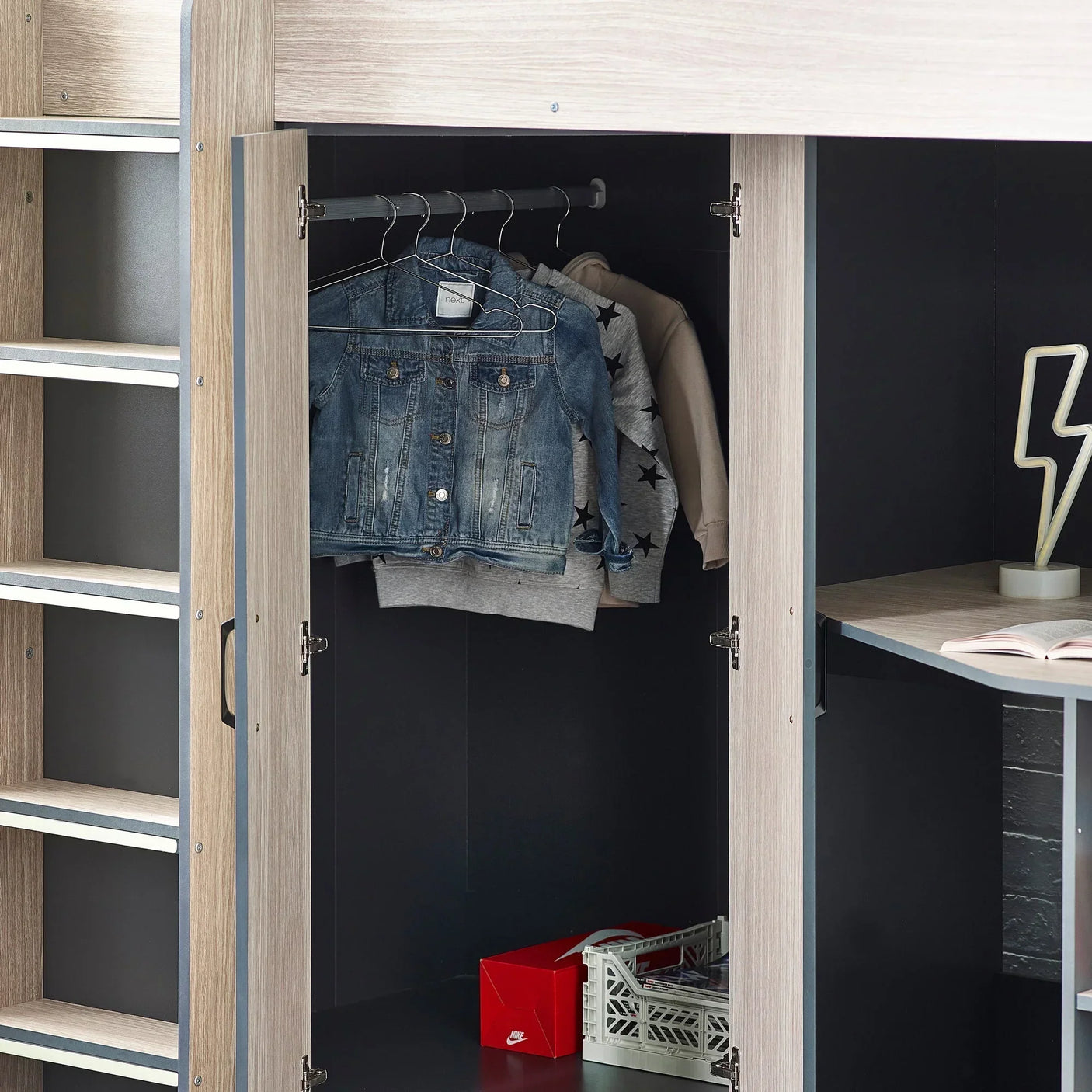 Hercules highsleeper woodgrain wardrobe with hanging space and internal storage shelves