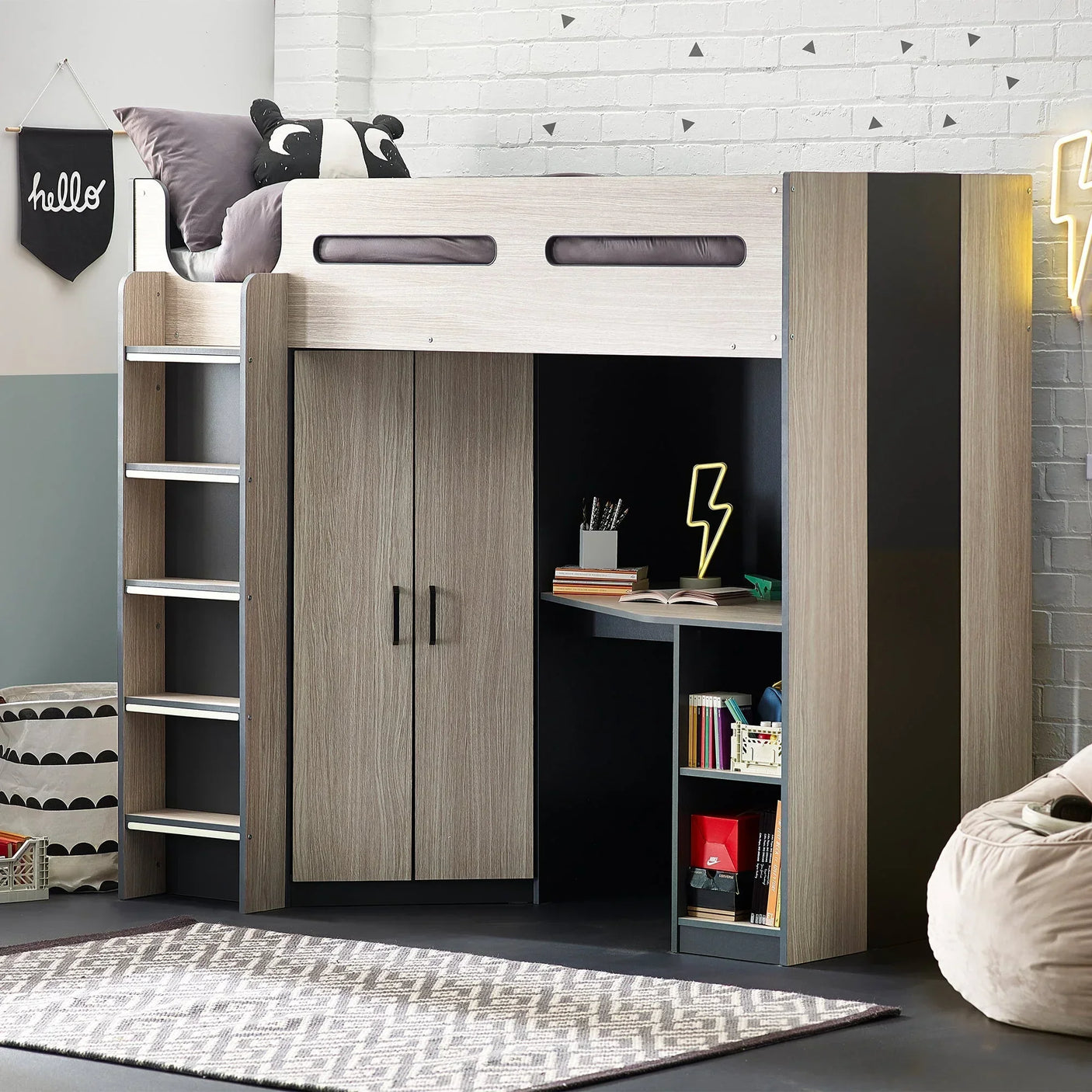 Hercules highsleeper wooden bed with wardrobe, desk, shelves and ladder in kids room