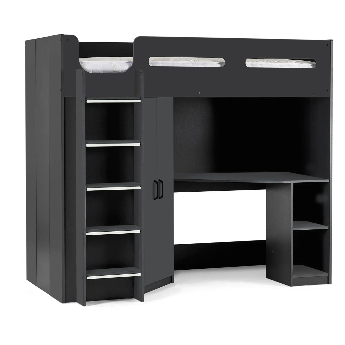 Black wooden loft bed with ladder, built-in wardrobe and integrated study desk