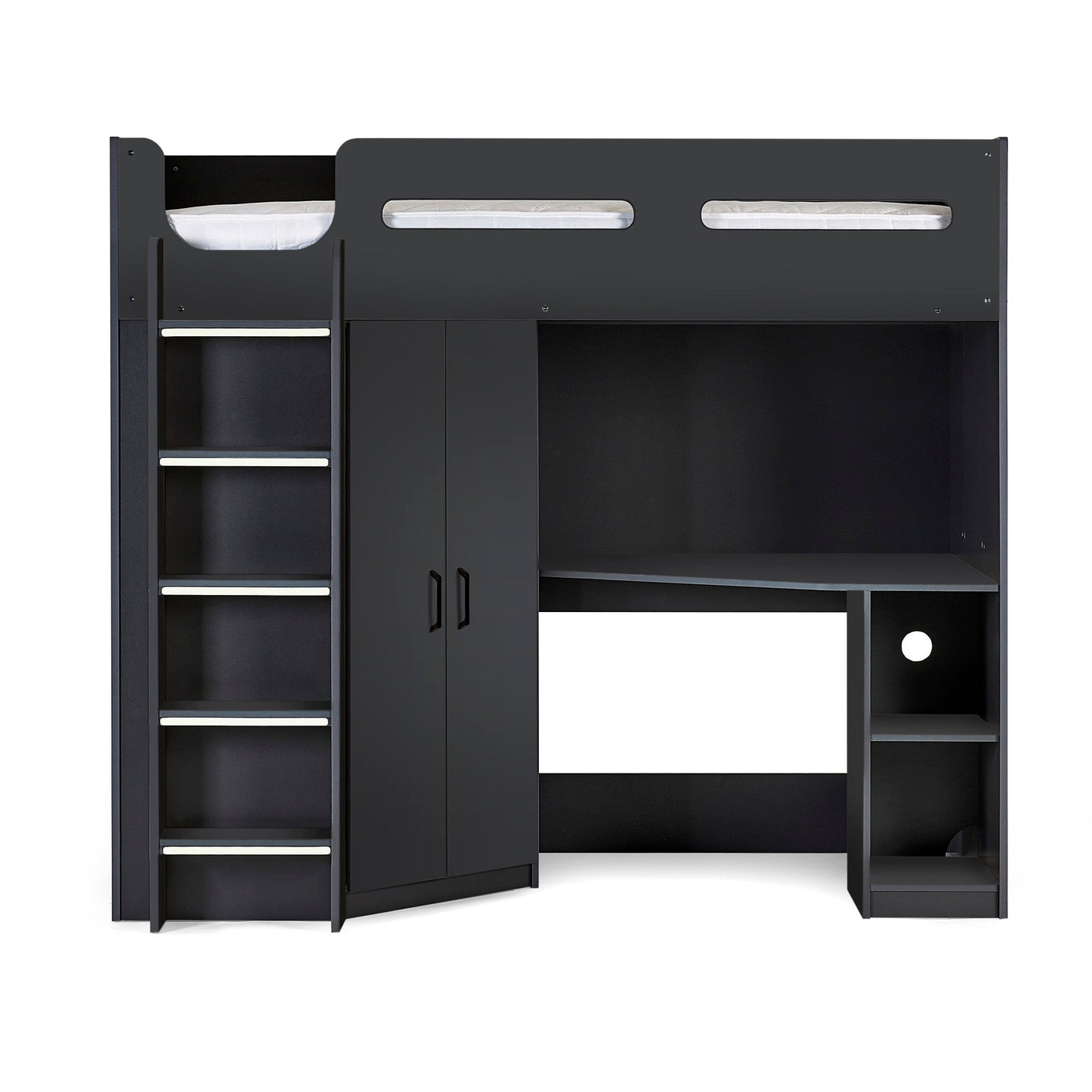 Black loft bed with ladder, wardrobe, and integrated corner desk unit