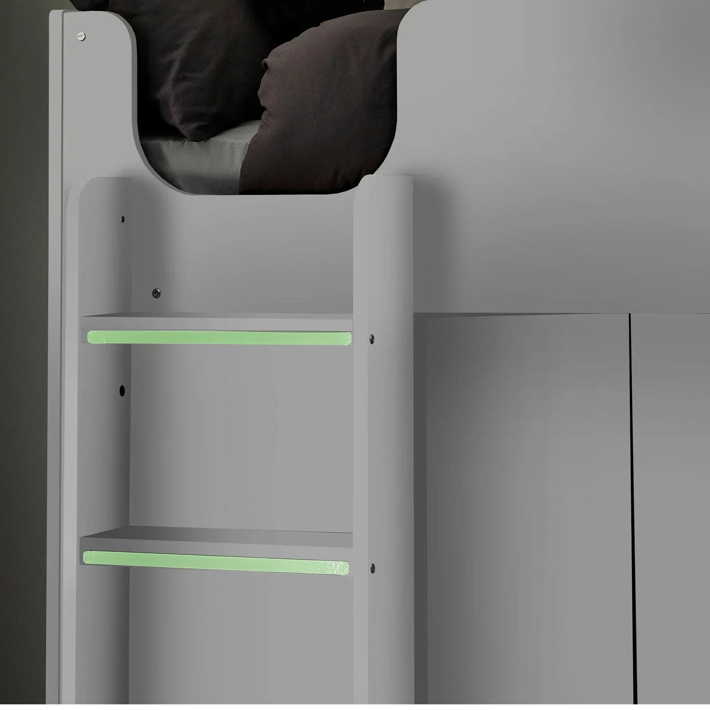 White high sleeper bed ladder with glow-in-the-dark steps and safety rail detail