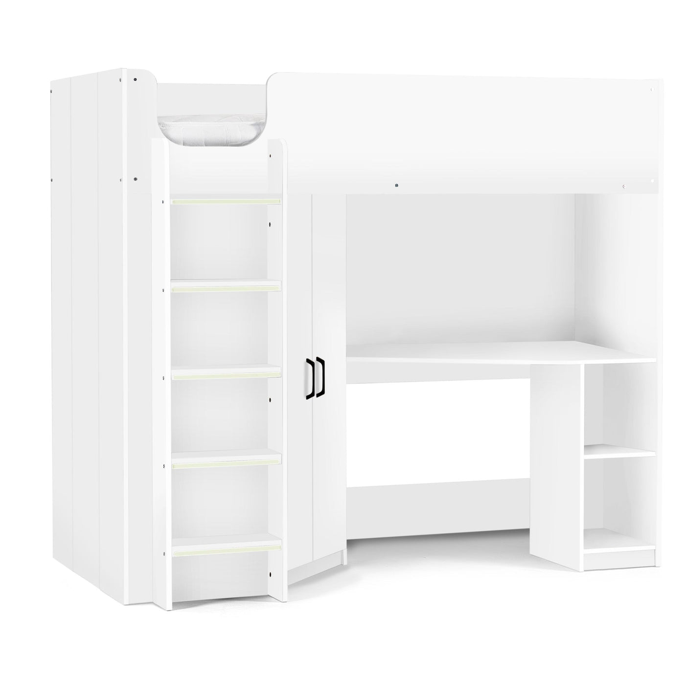 White loft bed with built-in desk, ladder shelves, wardrobe and storage compartments