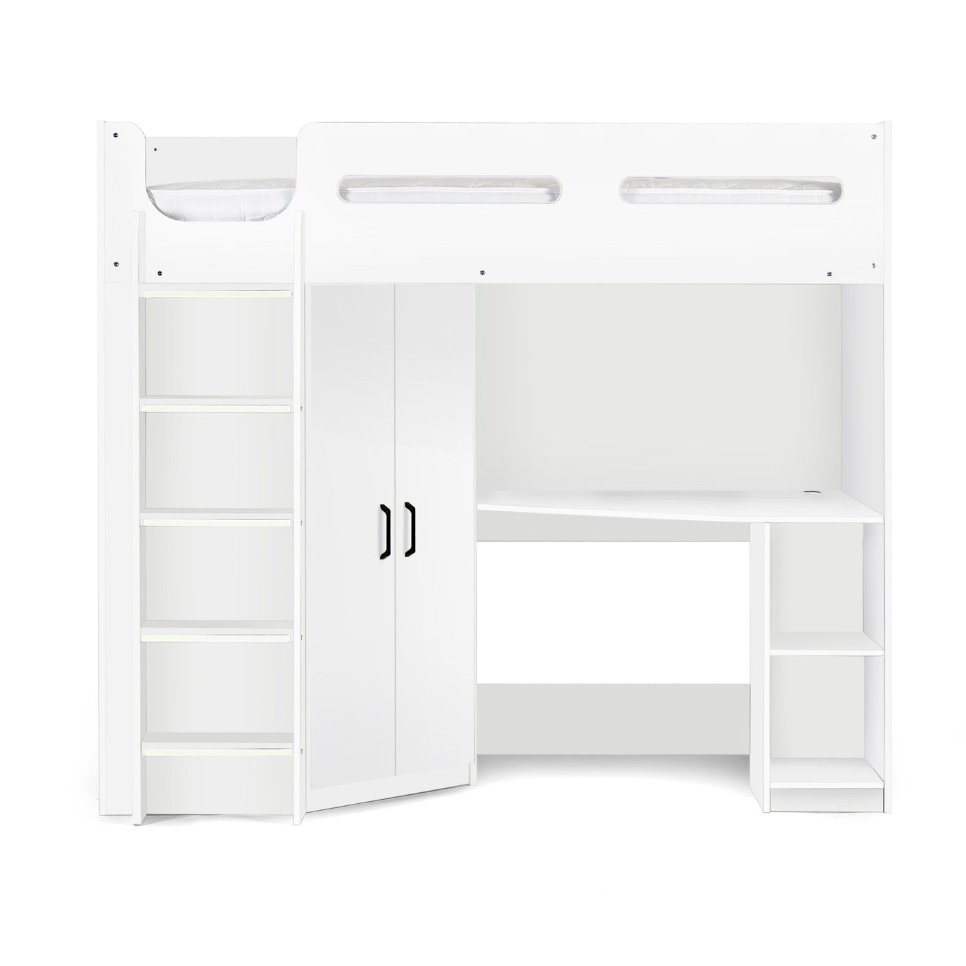 White loft bed with integrated ladder, double wardrobe, and corner desk with shelves