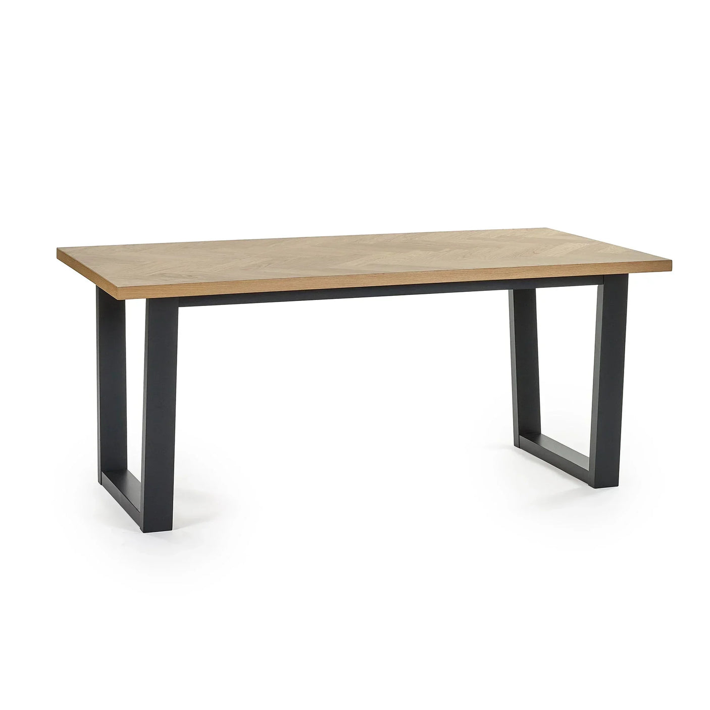 Rectangular dining table with light wood top and black metal legs, angled front view