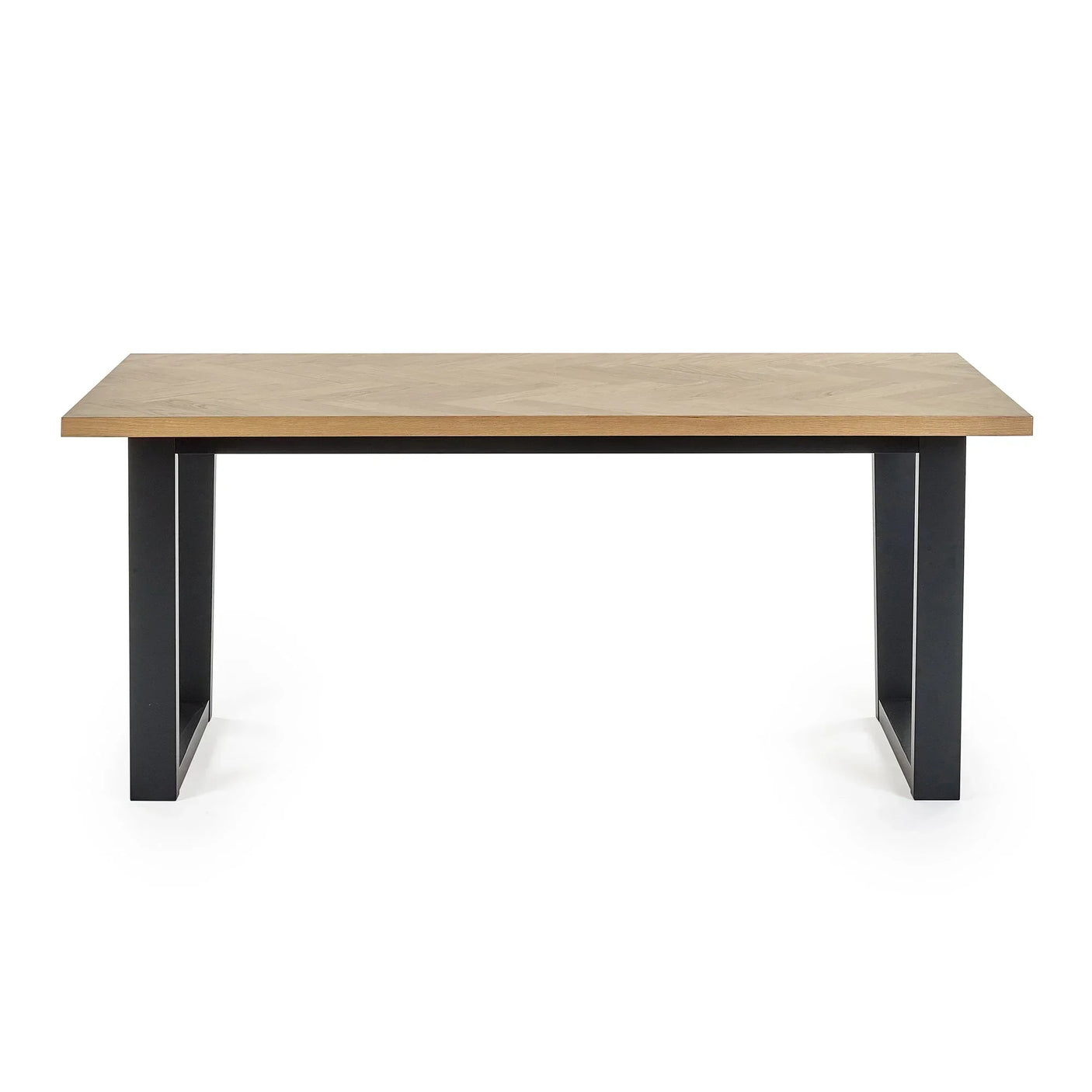 Rectangular dining table with light wood top and black metal legs on white background