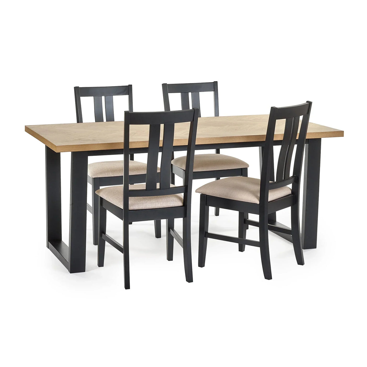 Oak dining table with black legs and four matching chairs with beige cushioned seats