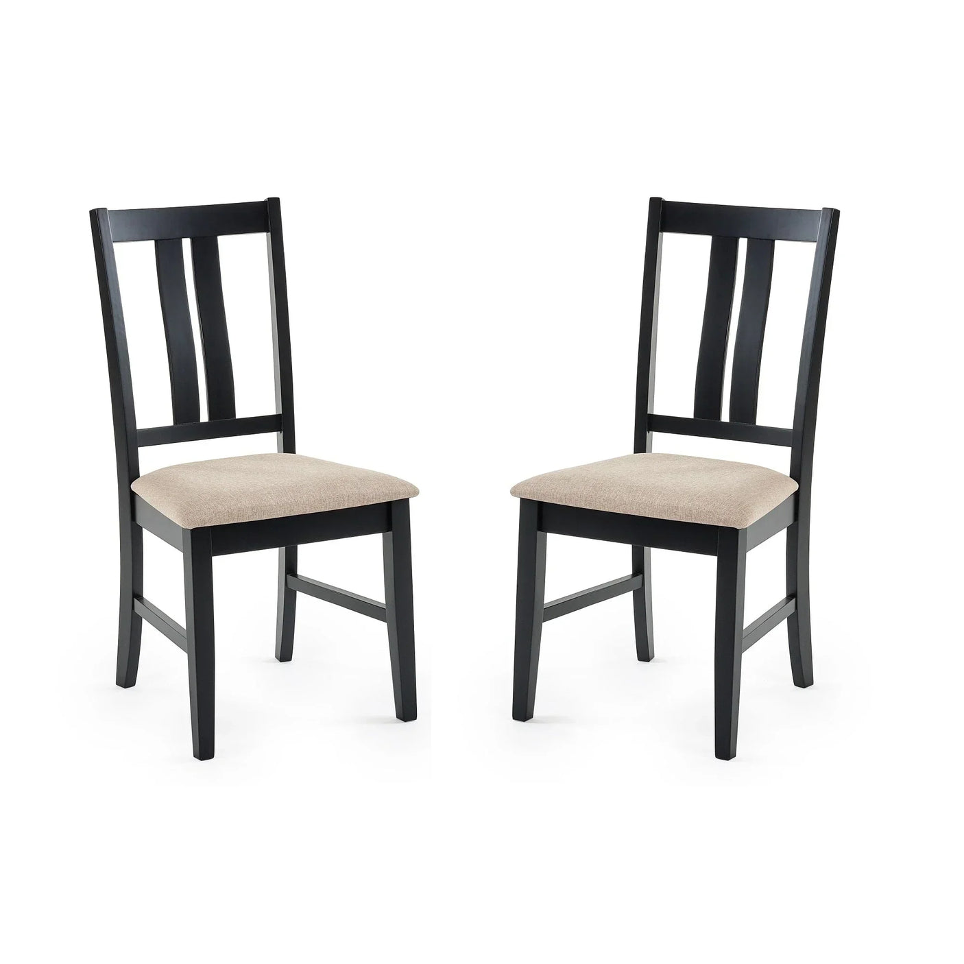Set of two black dining chairs with beige upholstered seats on white background