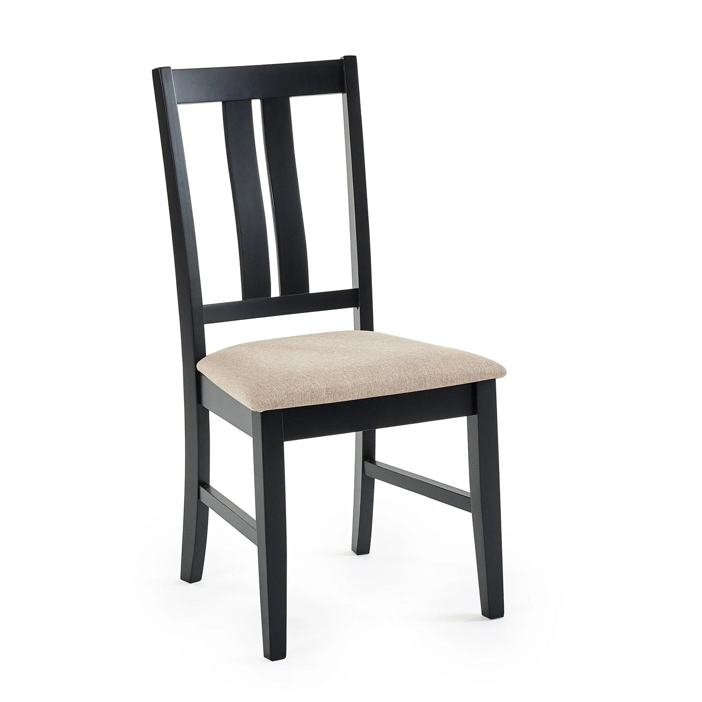 Black wooden dining chair with beige fabric seat and slatted backrest, angled view