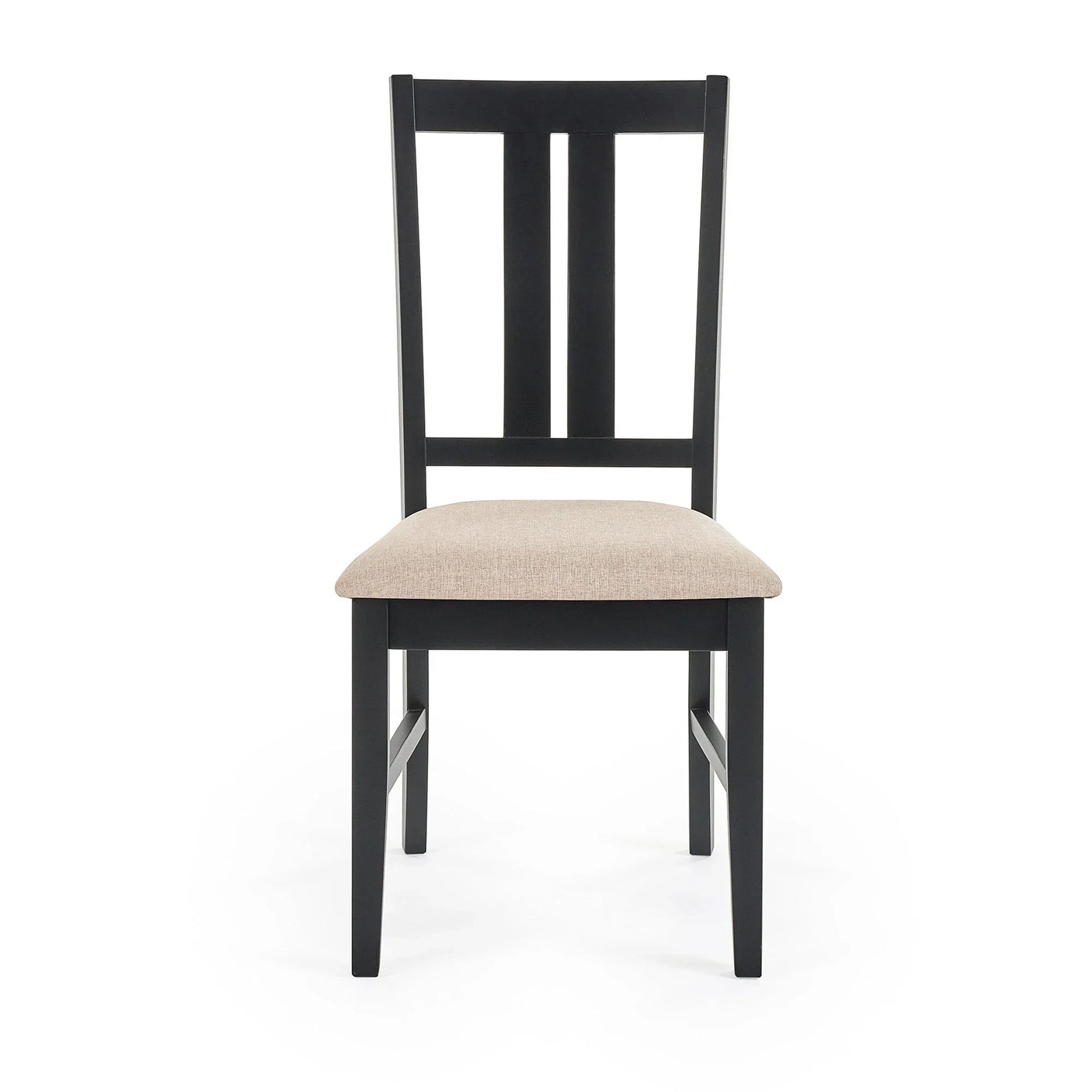 Black wooden dining chair with beige upholstered seat, front view