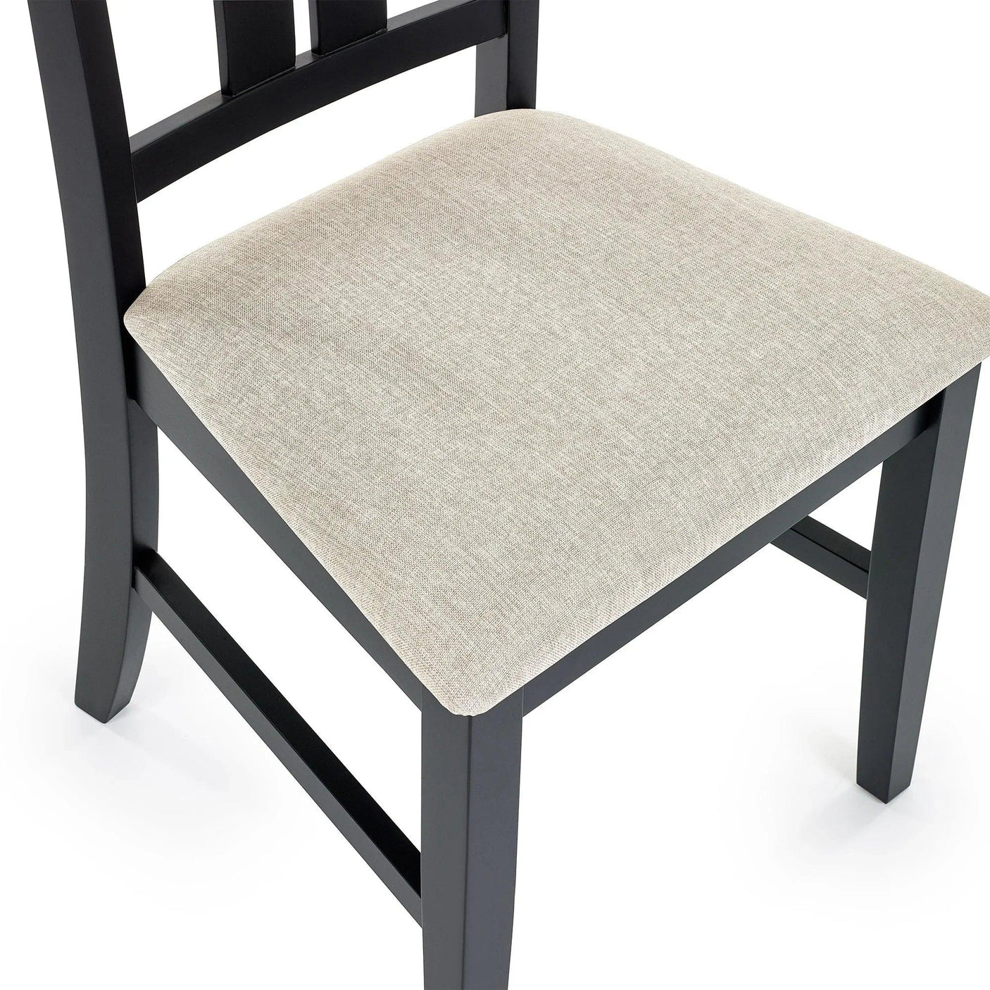 Dining chair with light beige upholstered seat and black wooden frame, angled view